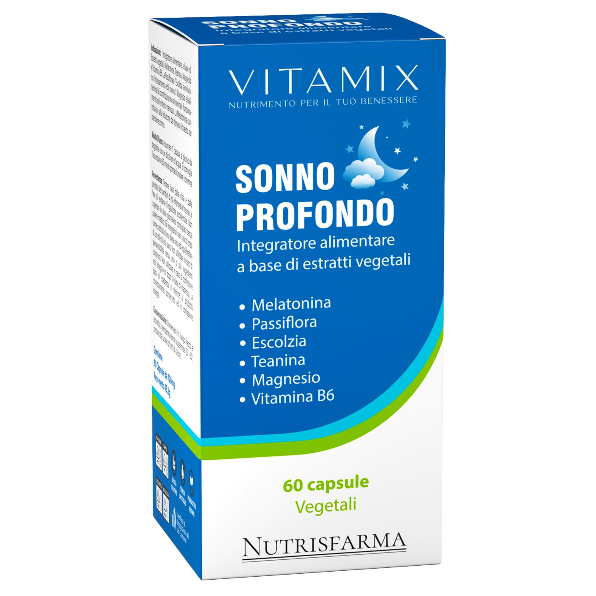 Nutrisfarma VITAMIX Sonno Profondo - Integratore per il sonno con Melatonina, Passiflora, Escolzia, L-Teanina, Magnesio e Vitamina B6-60 capsule - Vegetali