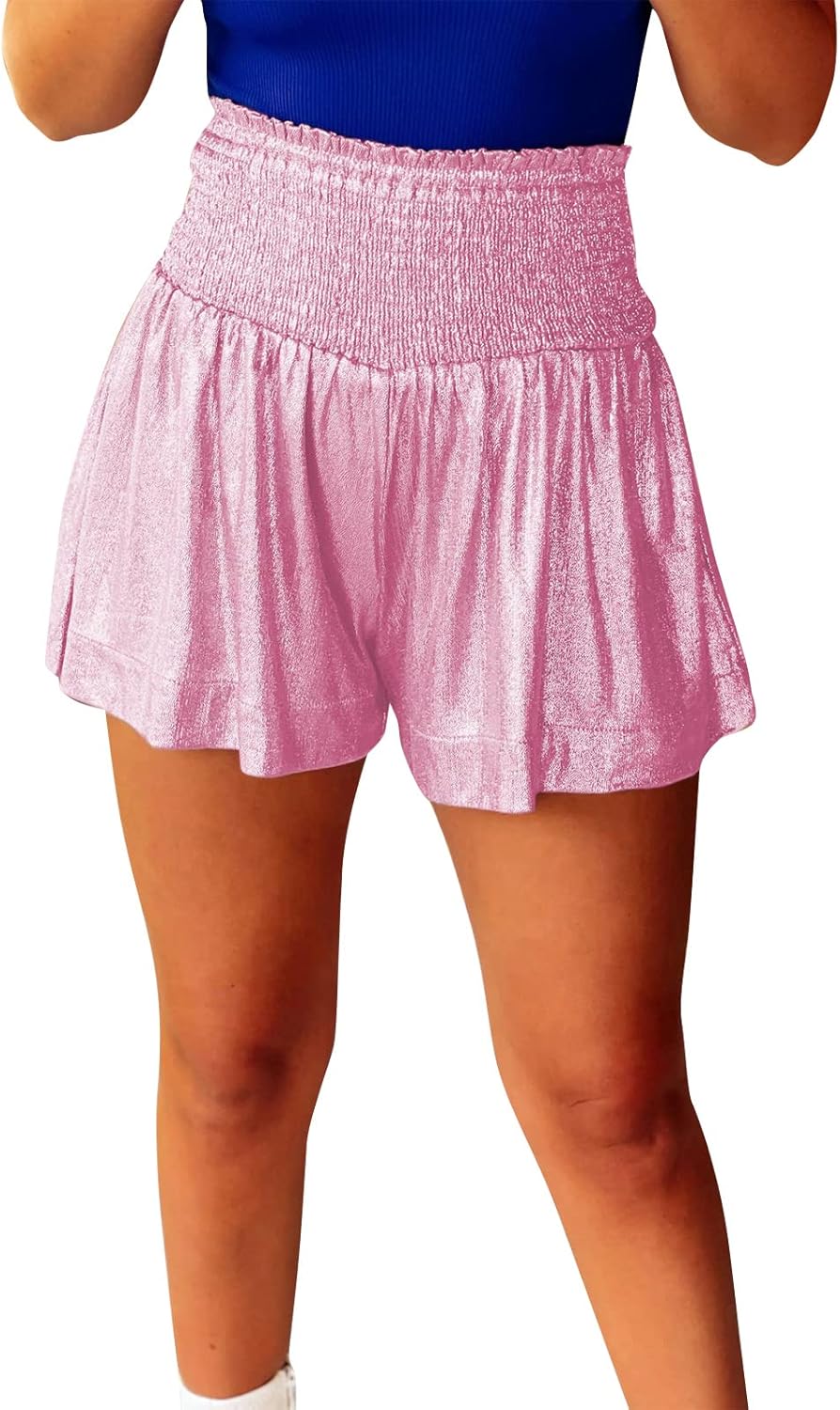 GUOLEZEEV Women Sequin Smocked High Waisted Flowy Glitter Sparkly Metallic Shorts