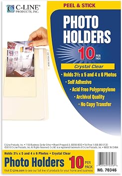 C-Line Peel and Stick Photo Holders, Holds 3.5 x 5 and 4 x 6 Inches Photos, Clear, 10 per Pack 70346