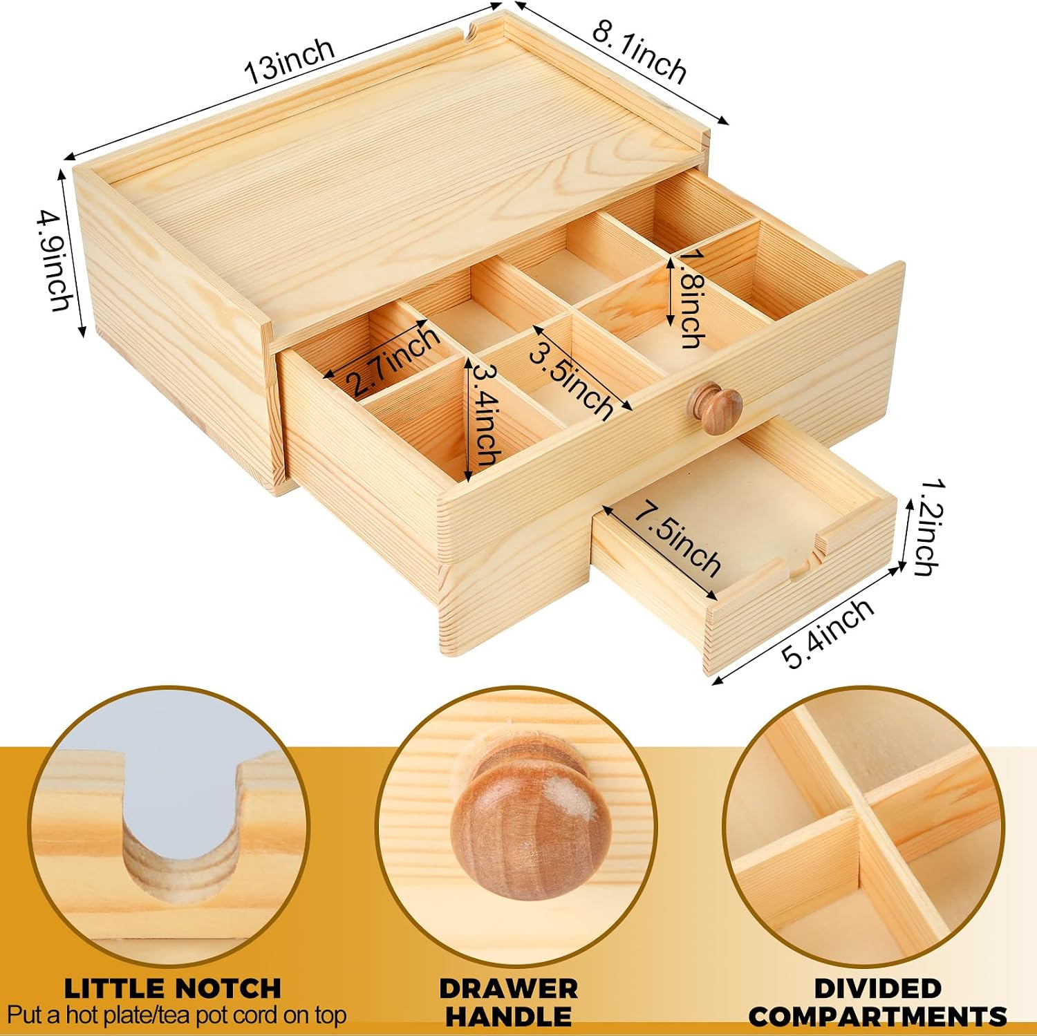 Cinnvoice Tea Bag Organizer Wooden Tea Storage Box, Brown image 3