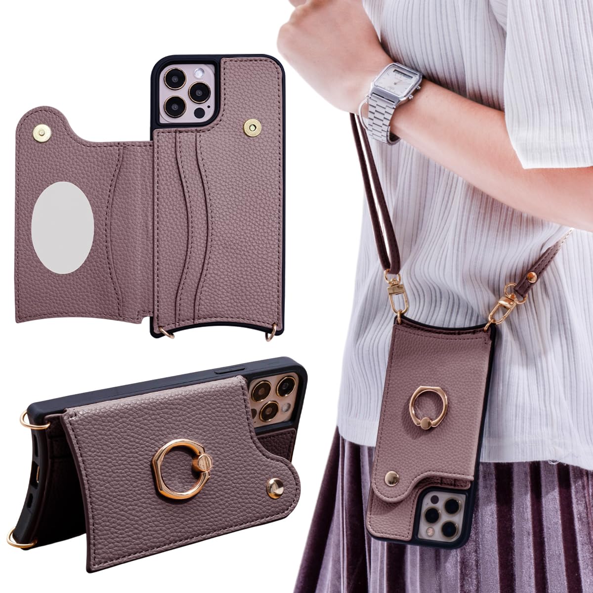 JUSTRAL Crossbody Wallet Case for iPhone 14 Pro with Mirror, UP Leather Case with Card Slots Invisible Stand, Women Detachable Lanyard 6.1-Inch Phone