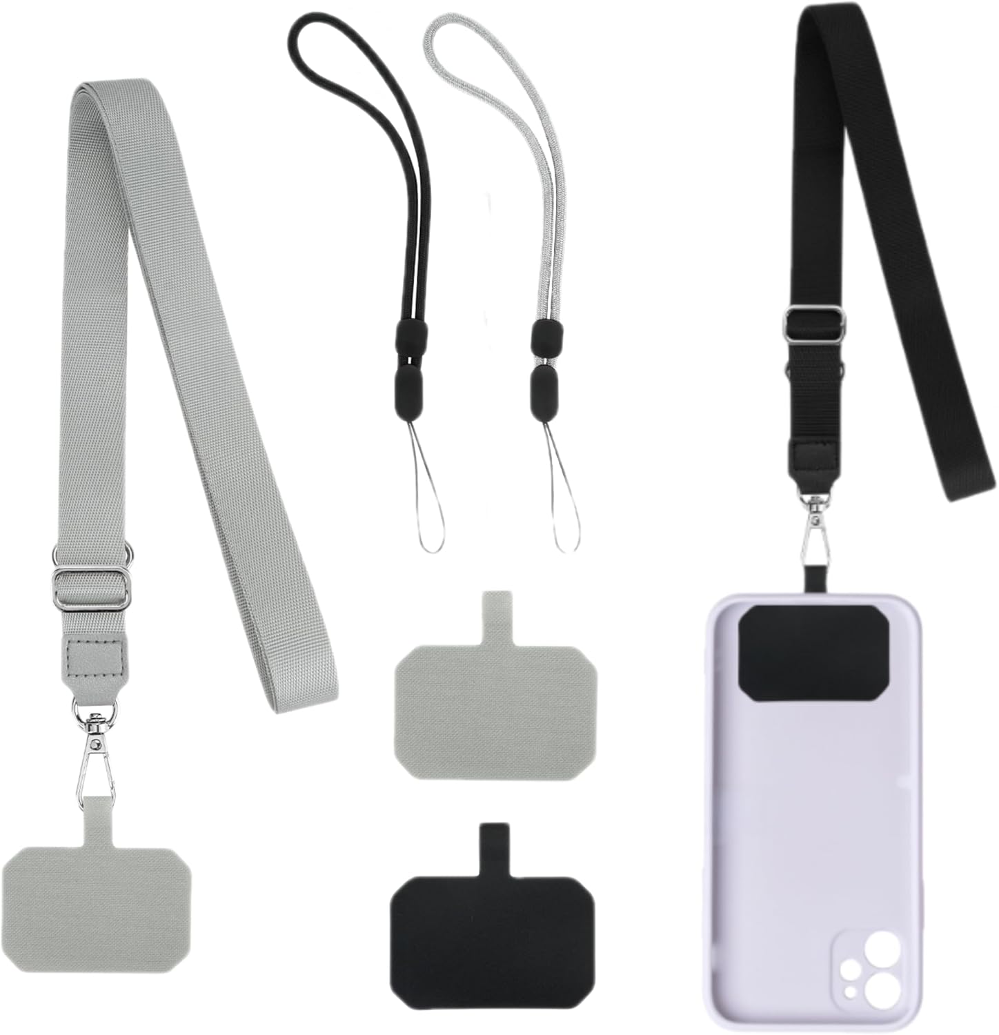 Phone Lanyard, 2 Pcs Adjustable Anti-theft CellPhone Strap Crossbody & 2 Wrist Straps with 4 Multifuctional Patches Compatible, Universal Phone Case Patch Strap for All Most Smartphones (Black+Gray)