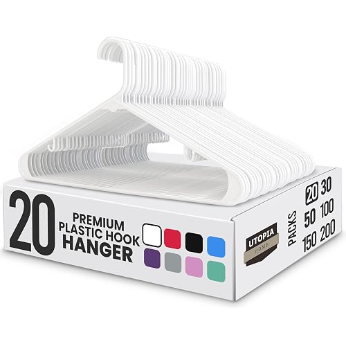 Utopia Home Plastic Hangers 20 Pack - Space Saving Clothes Hanger - Durable & Strong Closet Organizers and Storage with Built-in Strap Hooks - Essential for Shirts, Pants, Skirts & Coats (White)