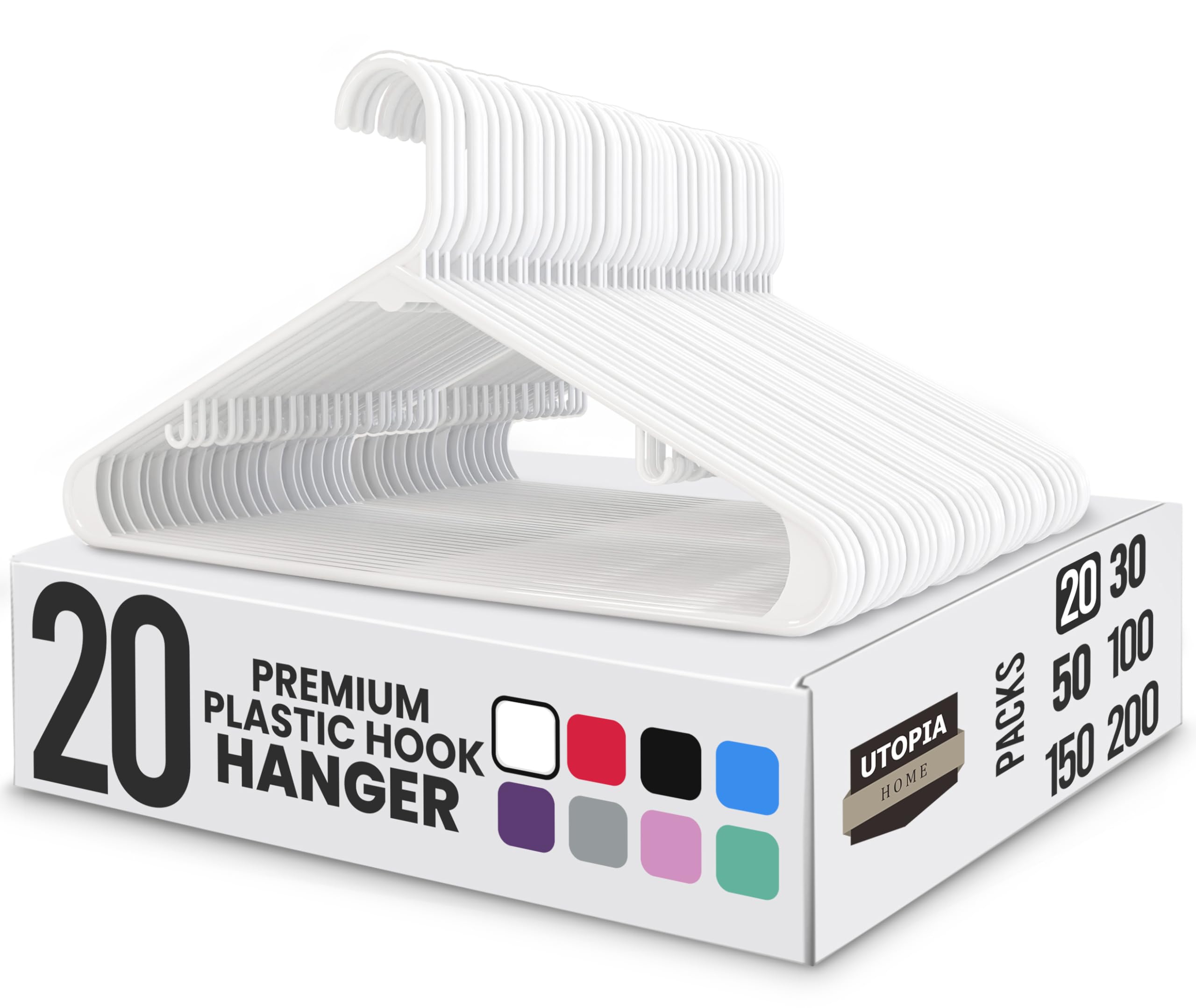 Utopia Home Plastic Hangers 20 Pack - Space Saving Clothes Hanger - Durable & Strong Closet Organizers and Storage with Built-in Strap Hooks - Essential for Shirts, Pants, Skirts & Coats (White)