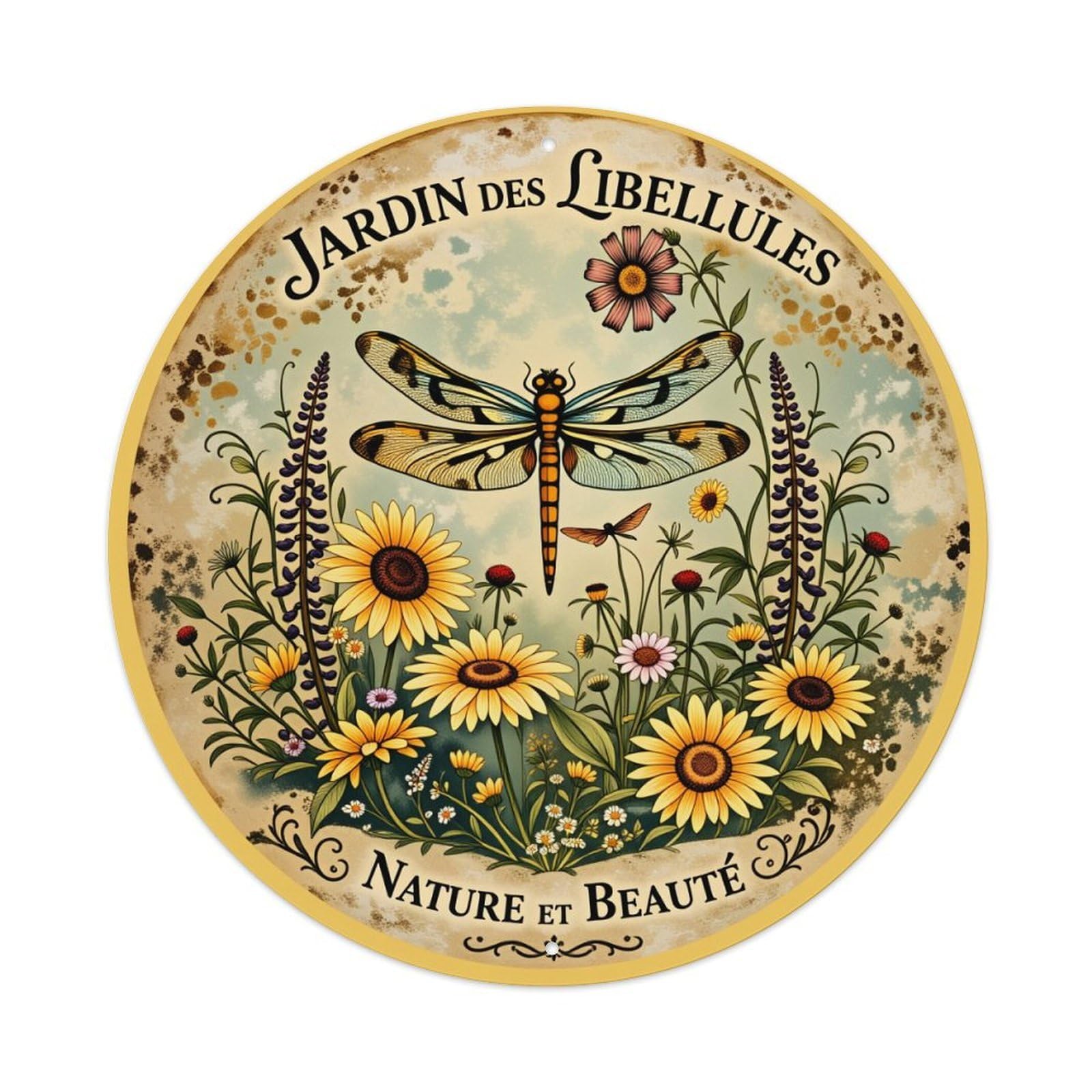 Dragonfly Garden Floral Nature Beauty Round Tin Sign Vintage Style Metal Sign Home Bar Garden Wall Plaque Decor Metal Poster 8x8 Inch