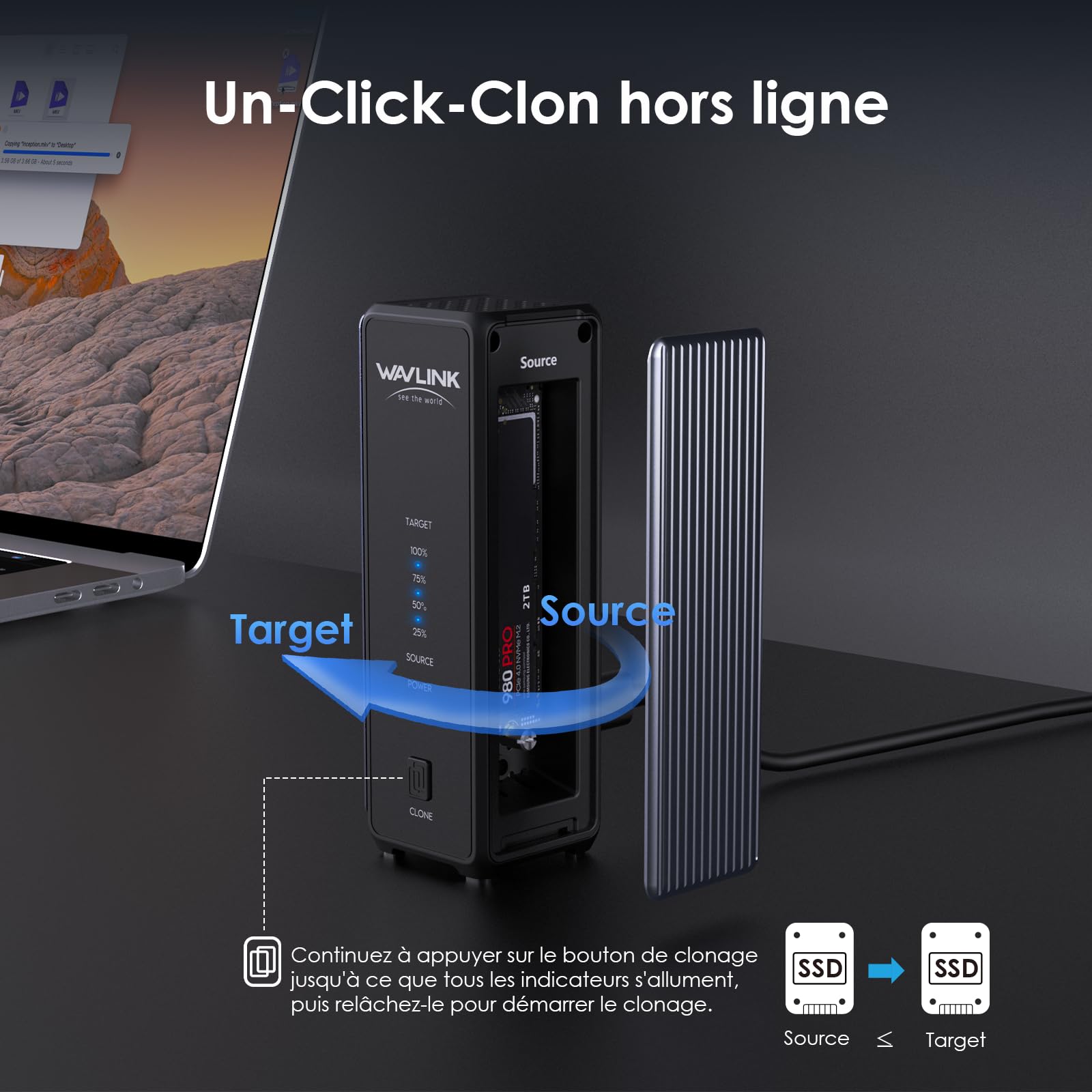 WAVLINK Boîtier NVMe M.2 Double Baie 40Gbps, Compatible Thunderbolt 5/4/3, USB4/3.2/2.0, UASP et Trim, Clonage Hors Ligne, 3300 Mo/s