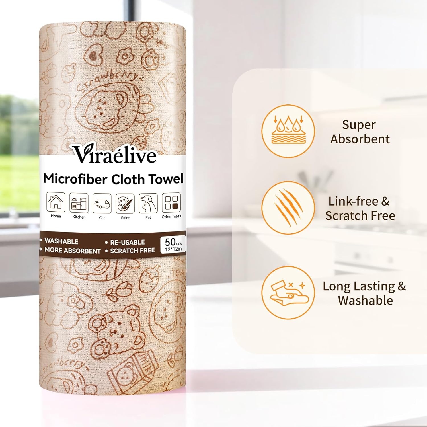 Microfiber Cleaning Cloth Roll, 50-Count, Reusable Durable Washable Absorbent Towels, Lint-Free Non-Scratch Dish Rags for Kitchen & Housekeeping, Car & Screen, Brown Cute Bear Print, 12x12 in