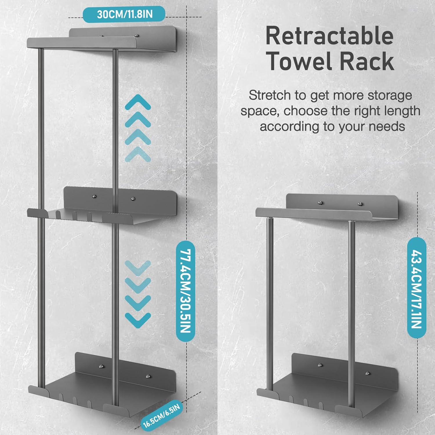 Hommtina Wall-Mounted Towel Rack & Holder - Rust-Resistant Bathroom Organizer with No Drill Installation, Space-Saving Design for Kitchen, Laundry Room (Grey)