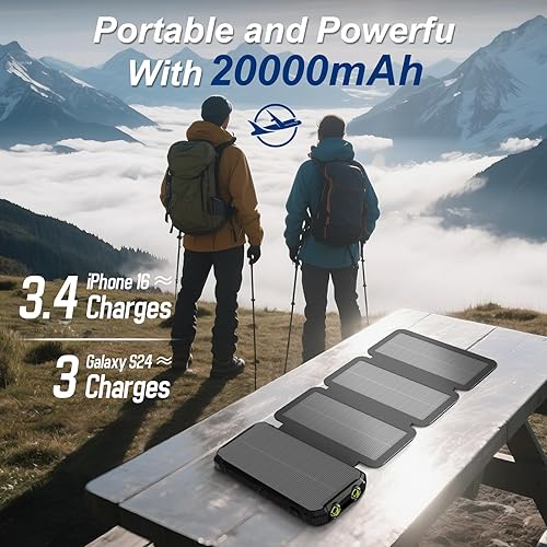 Miniatura 2 de Cargador portátil de 20000 mAh, banco de energía solar integrado, 3 cables y batería de carga inalámbrica compatible con iPhone, Samsung, IPX5