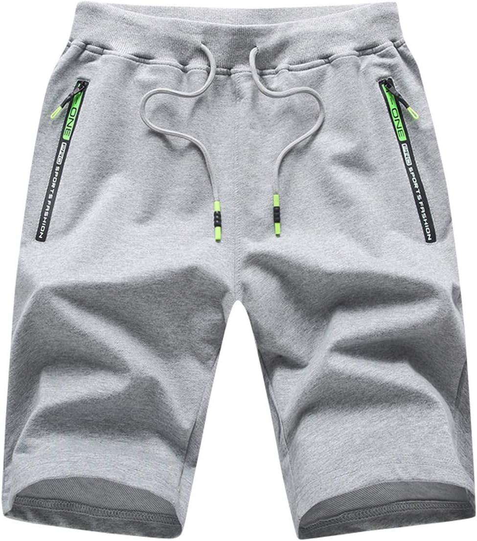 Flygo Men's Shorts Casual Athletic Elastic Waist Workout Short Pants Drawstring Beach Shorts Zipper Pockets