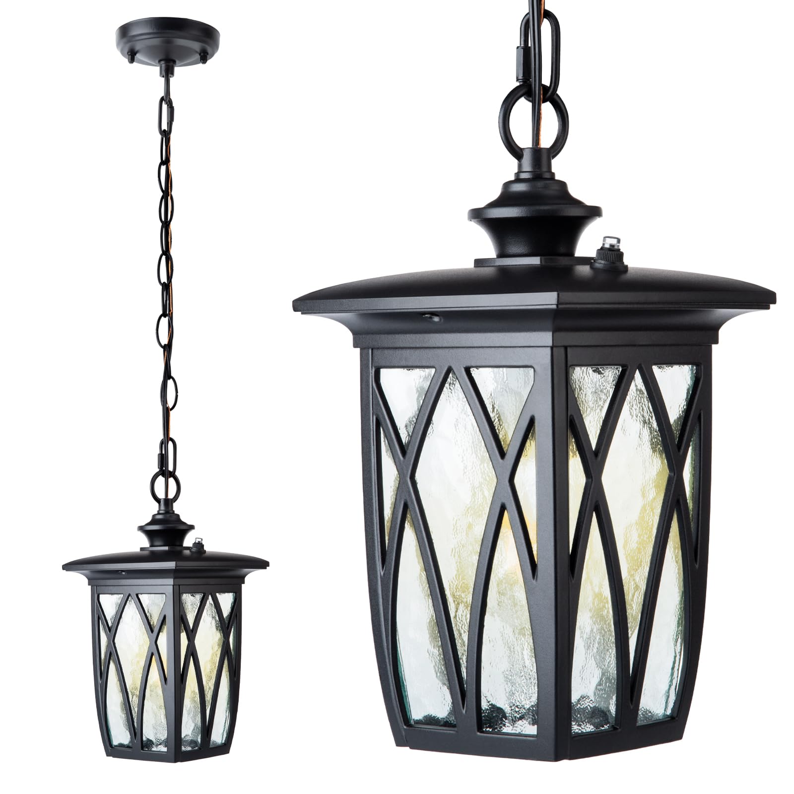 JYZ Dusk to Dawn Outdoor Pendant Lantern, 12 Inch Craftsman Style Exterior Hanging Light with Water Ripple Glass, Traditional Outdoor Chandelier for Front Porch Patio Garden Gazebo Pergola