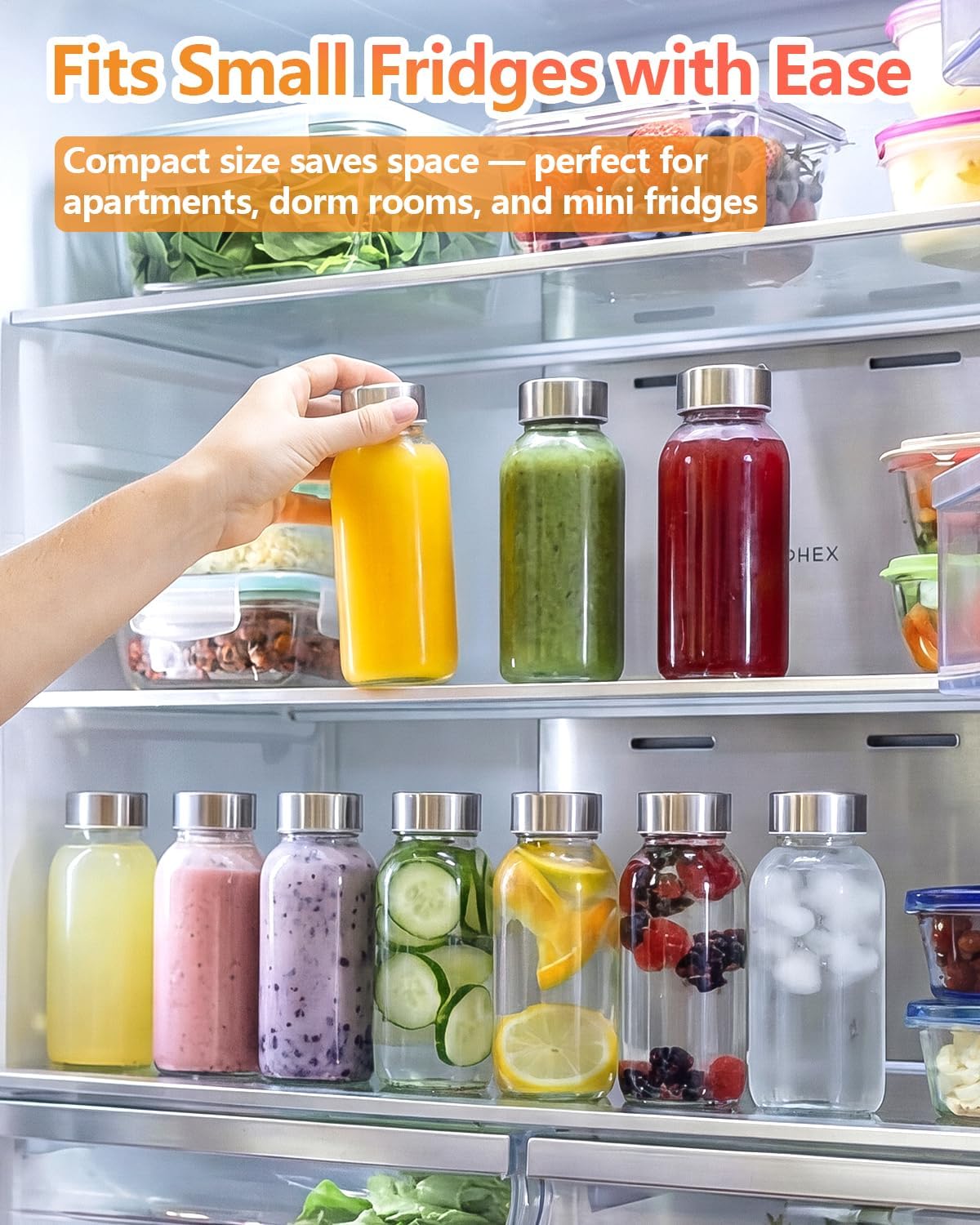 Zukro 8 oz Glass Water Bottles with Lids, Reusable Clear Juice Bottles With Stainless Steel Airtight Cap for Juicing, Ginger Shot, Milk, 250ml Leak Proof Small Smoothie Container, BPA Free, Set of 8