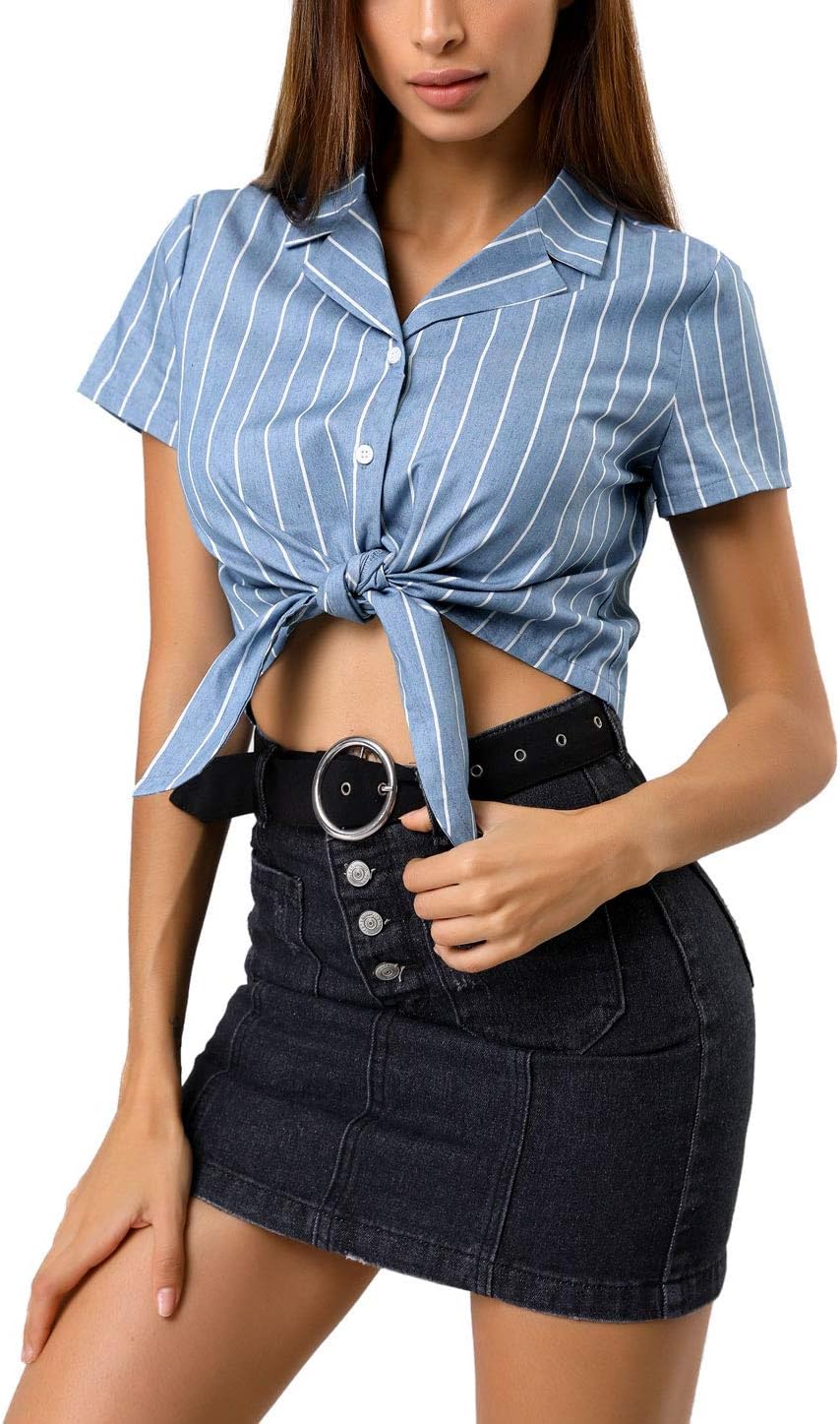 Allegra K Women's Striped Button Up Lapel Collar Top Short Sleeve Tie Front Crop Shirt - Image 2