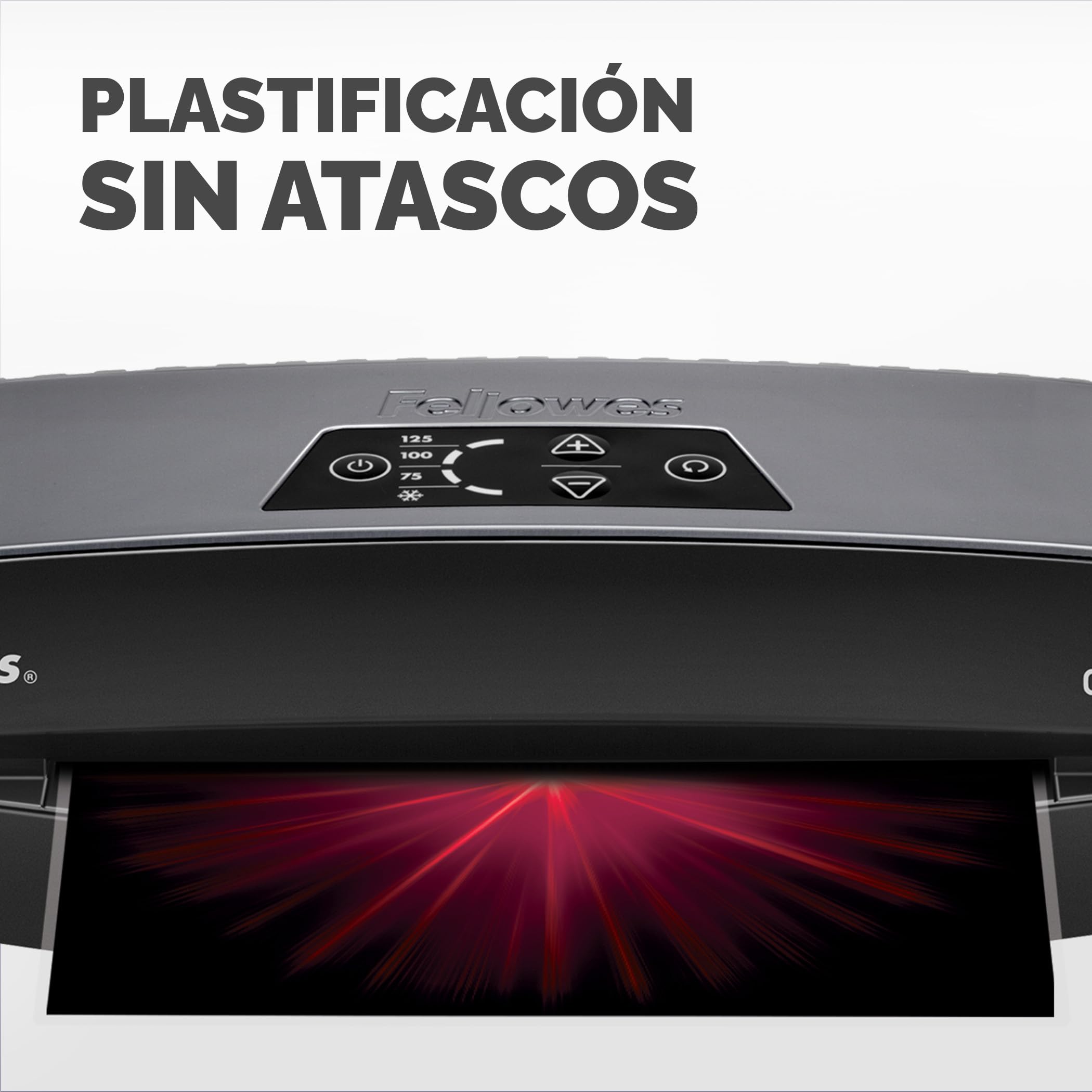 Fellowes Plastificadora A4 Calibre para pequeñas oficinas, 1 minuto de calentamiento con apagado automático y modo de reposo - 80-125 micras, Incluye 10 fundas de plastificación A4, Negro