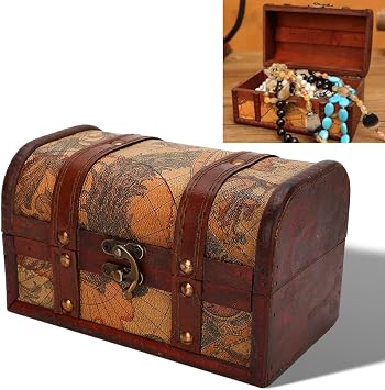 Vintage Wooden Treasure Chest Box, Treasure Chest Vintage Map Pattern, Handmade Jewelry Storage Case, Decoration Wood Organizer for Home Office Jewelry Ornaments Gifts
