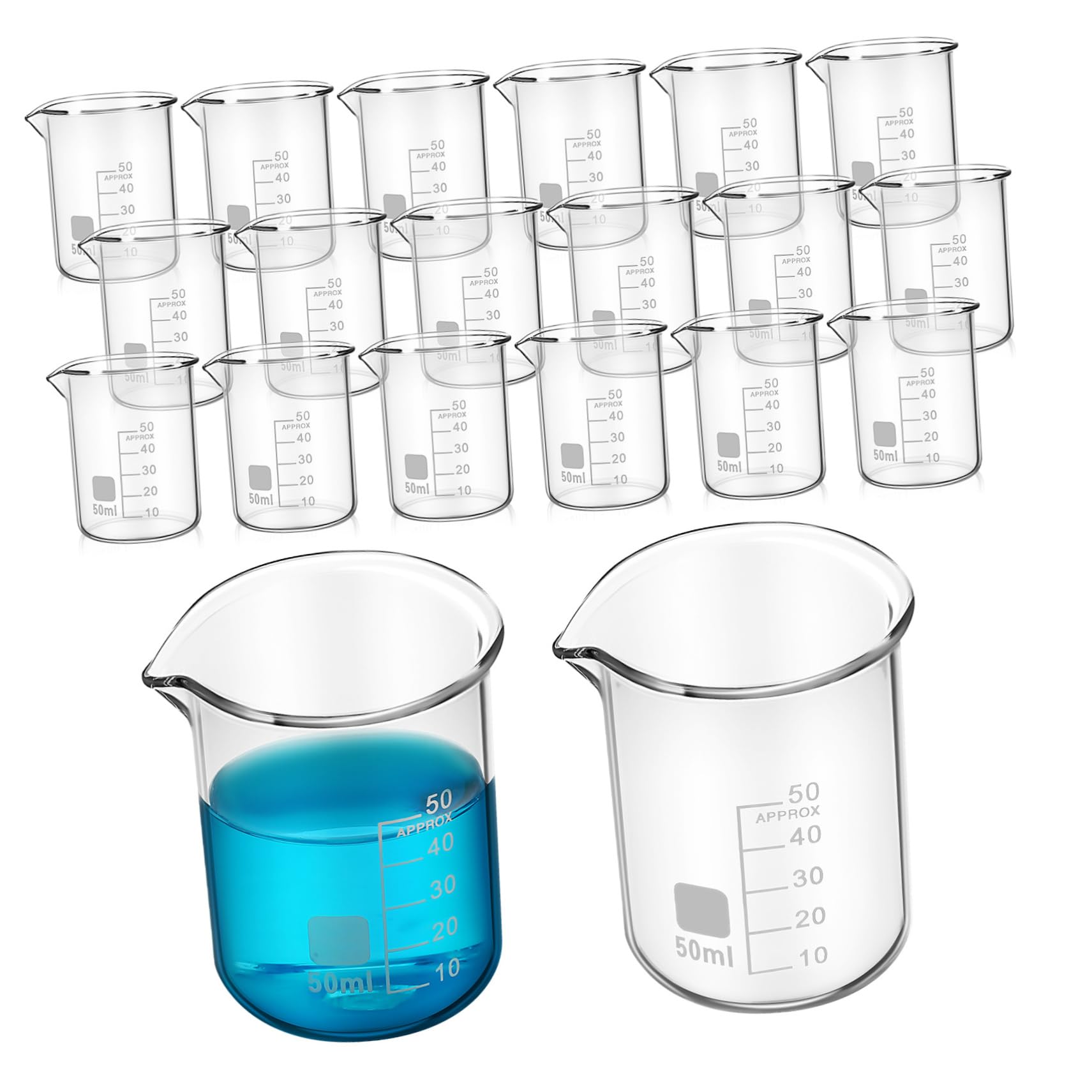 ULTECHNOVO Vasos de Precipitados Medición Precisa de Vidrio Transparente 20 de 50ml y Diseño Estable, Ideales para Laboratorio y Uso Científico