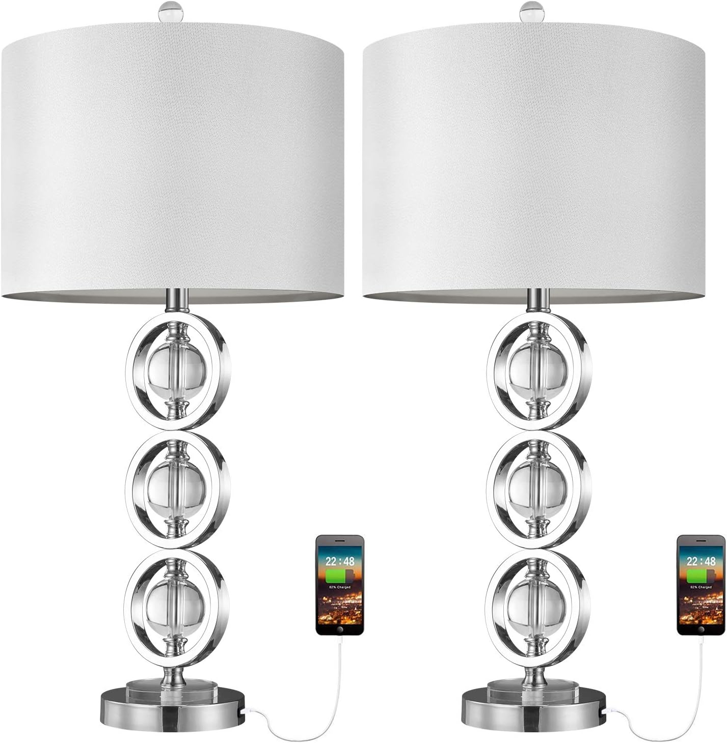 Up To 40% OFF BOBOMOMO 26.5 Metal Crystal USB Table Lamps Set of 2 for Living Room Bedroom, Silver