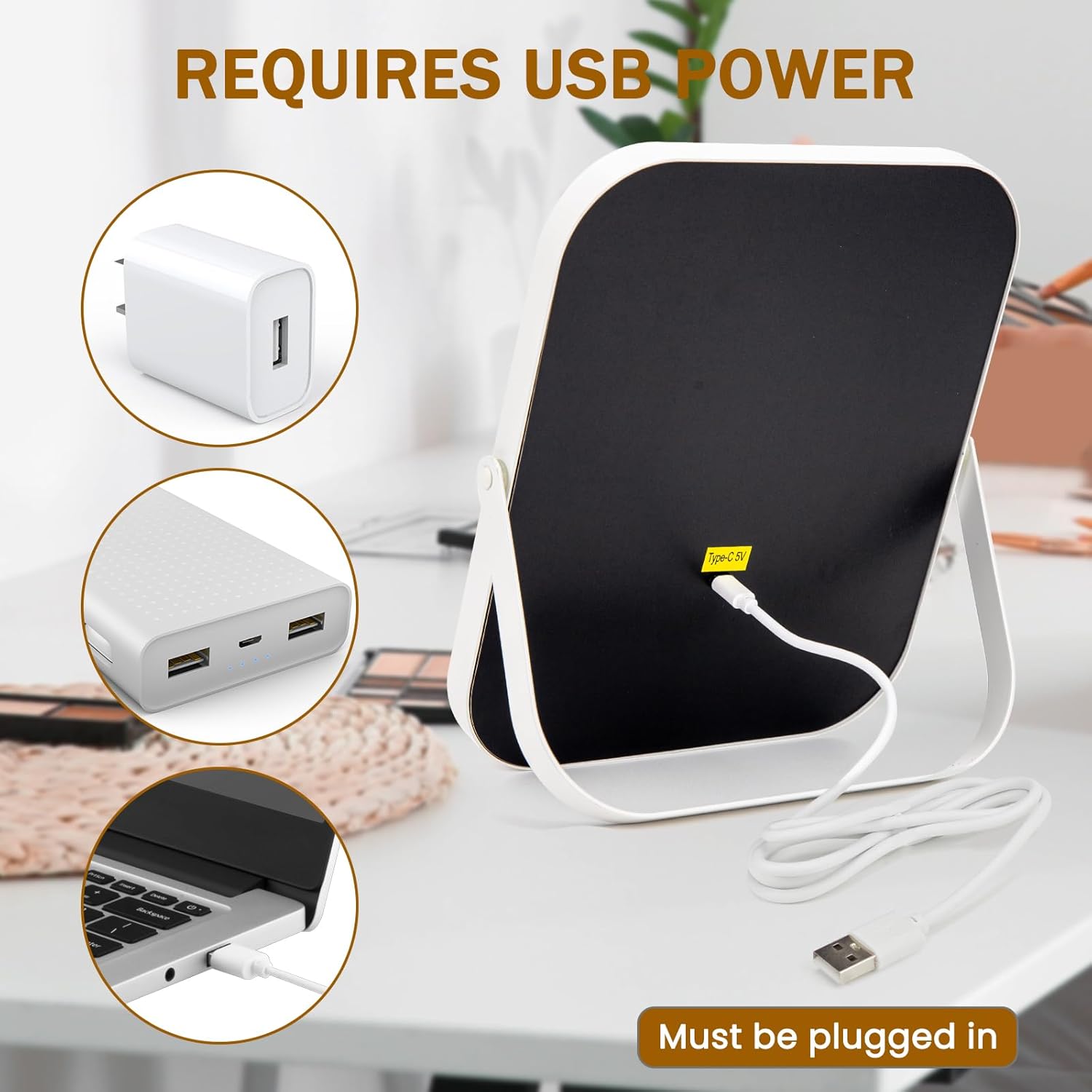 Vanity Mirror with Lights, 8" x 10" Lighted Vanity Mirror with 3-Color Dimmable LED, HD Professional Mirror with Lights, 360° Rotation, Portable Makeup Mirror for Bedroom, Travel, No Battery (White) - Image 7