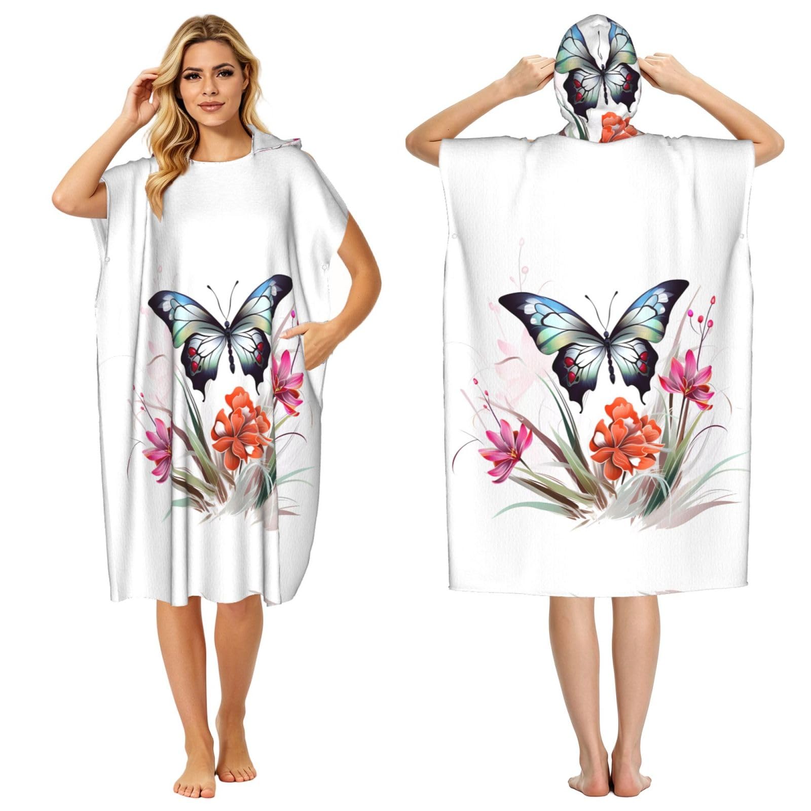 Strandtuch mit Kapuze und Schmetterlings-Aufdruck, Poncho für Erwachsene, Mikrofaser, Wickelmantel, Bademantel, Sommer, Strandtuch