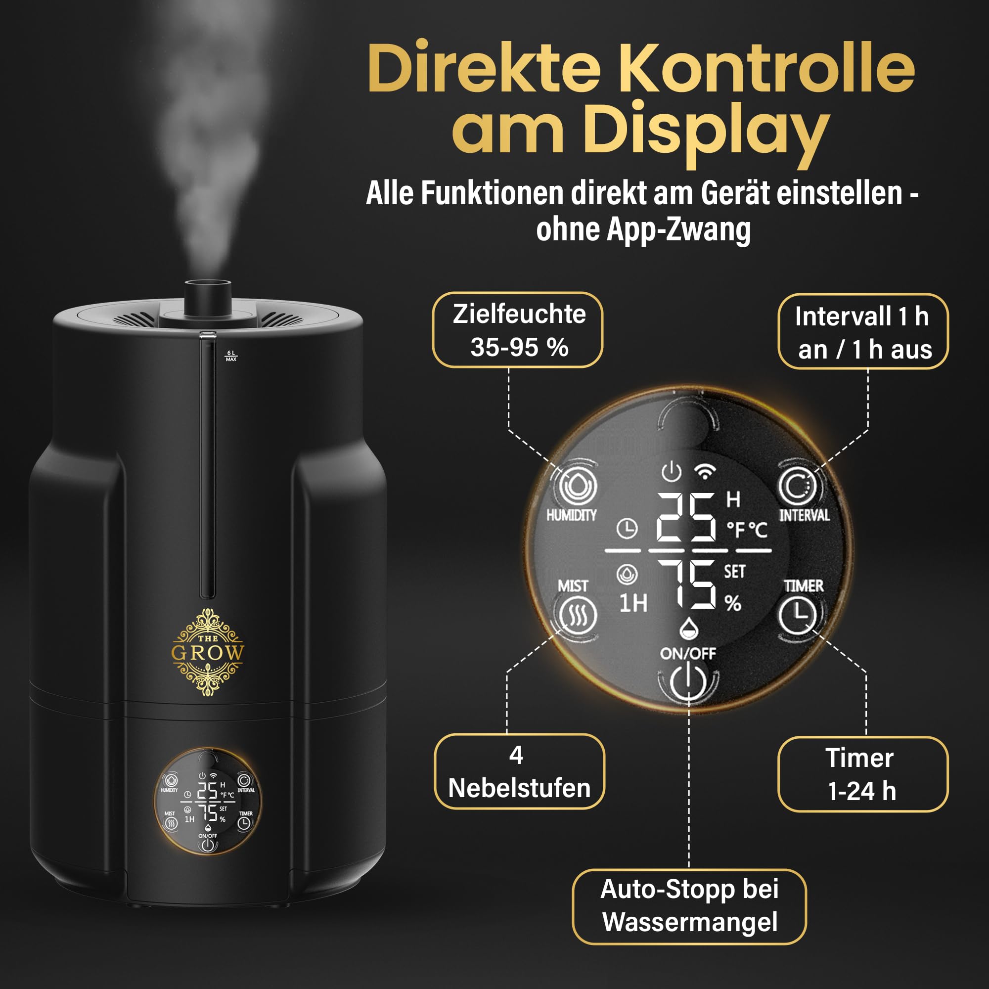 Nebel PRO Luftbefeuchter 6L für Growzelt und Growbox, Ultraschall-Luftbefeuchter mit Hygrostat 35–95%, 4 Nebelstufen, bis 450 ml/h, externer Sensor, Timer, Fernbedienung, Schlauch