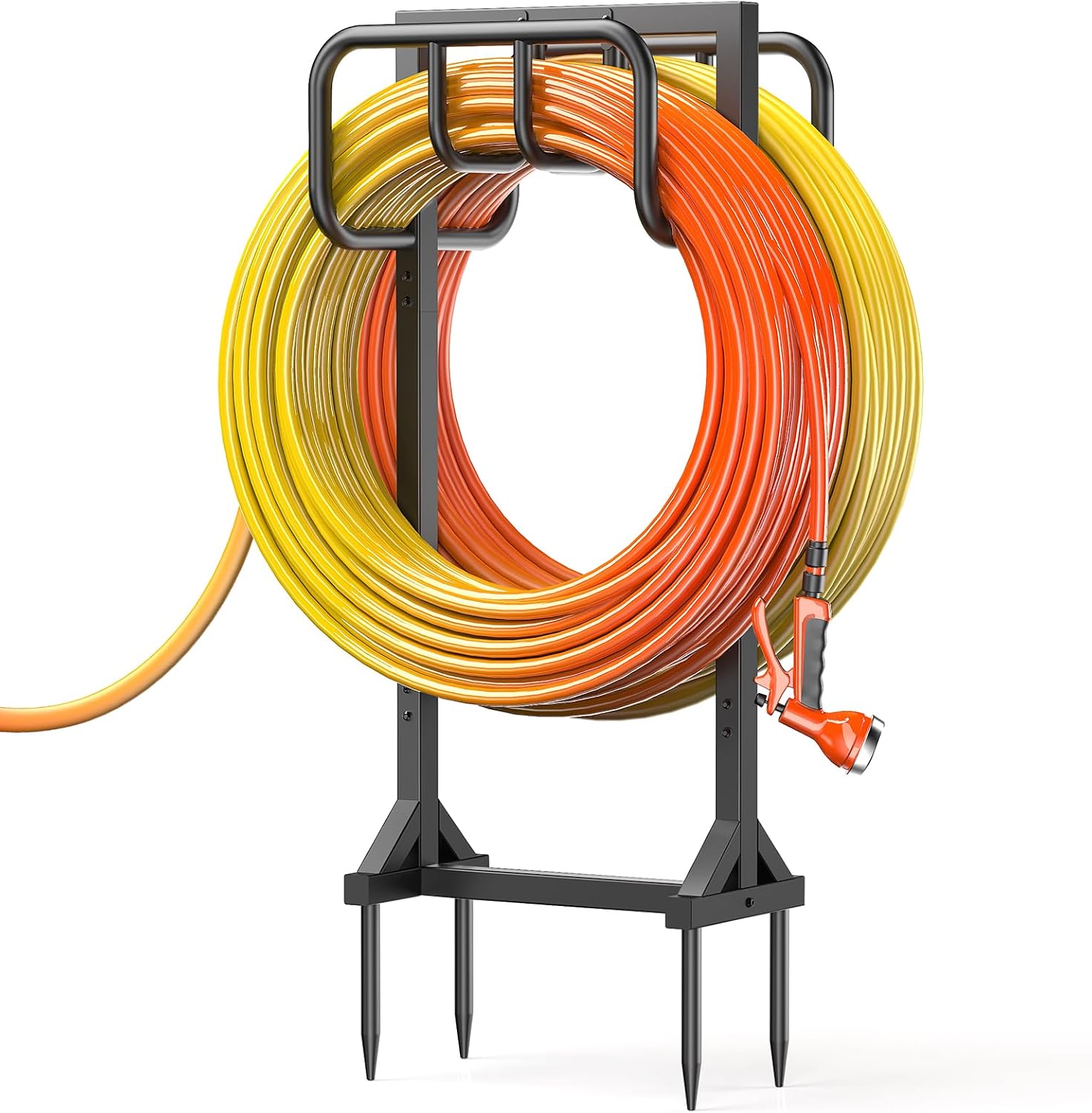 Garden Hose Holder Holds 2 x 160FT Hoses, Super Stable Water Hose Holders with 4 Spikes, Rustproof Freestanding Hose Stand Hanger Garden Hose Storage for Outside Yard Lawn Farm, Black