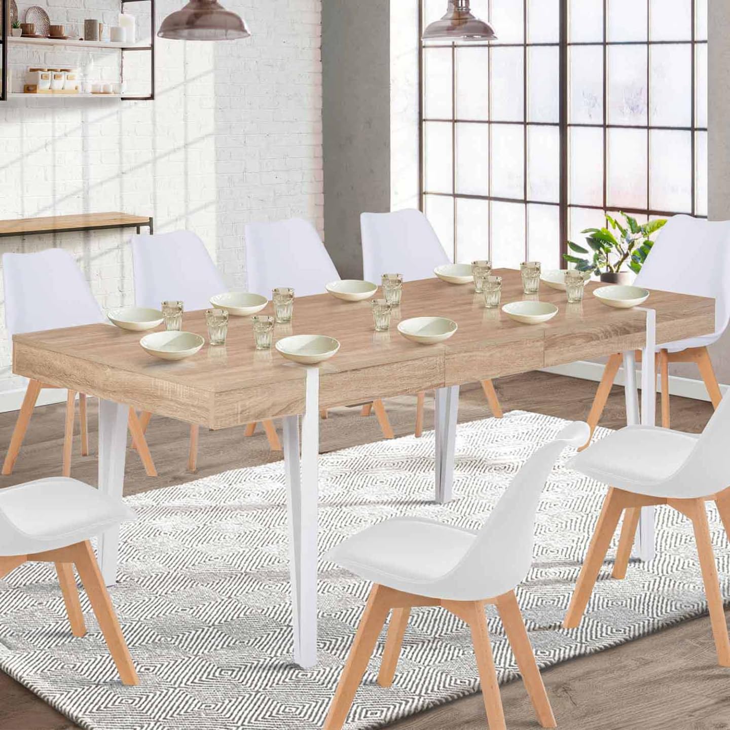 IDMarket - AUSTRIA Tavolo da pranzo rettangolare allungabile per 6-10 persone con gambe a spillo bianche 160-200 cm