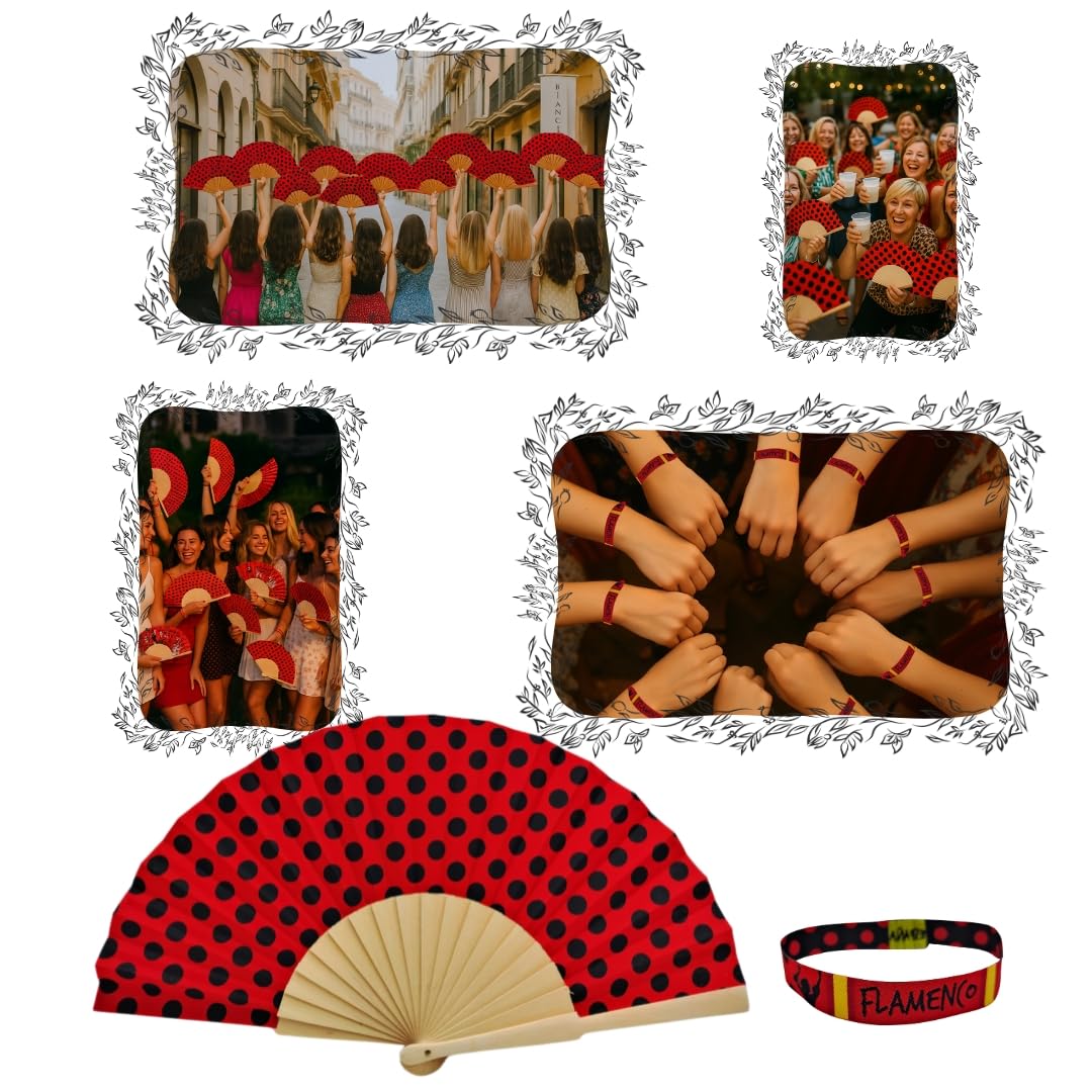 Lot de 12 éventails flamants roses pliables + 12 bracelets en tissu avec motif joyeux – Souvenir Espagne | Cadeaux pour foires, fêtes de village, enterrement de vie de jeune fille, événements