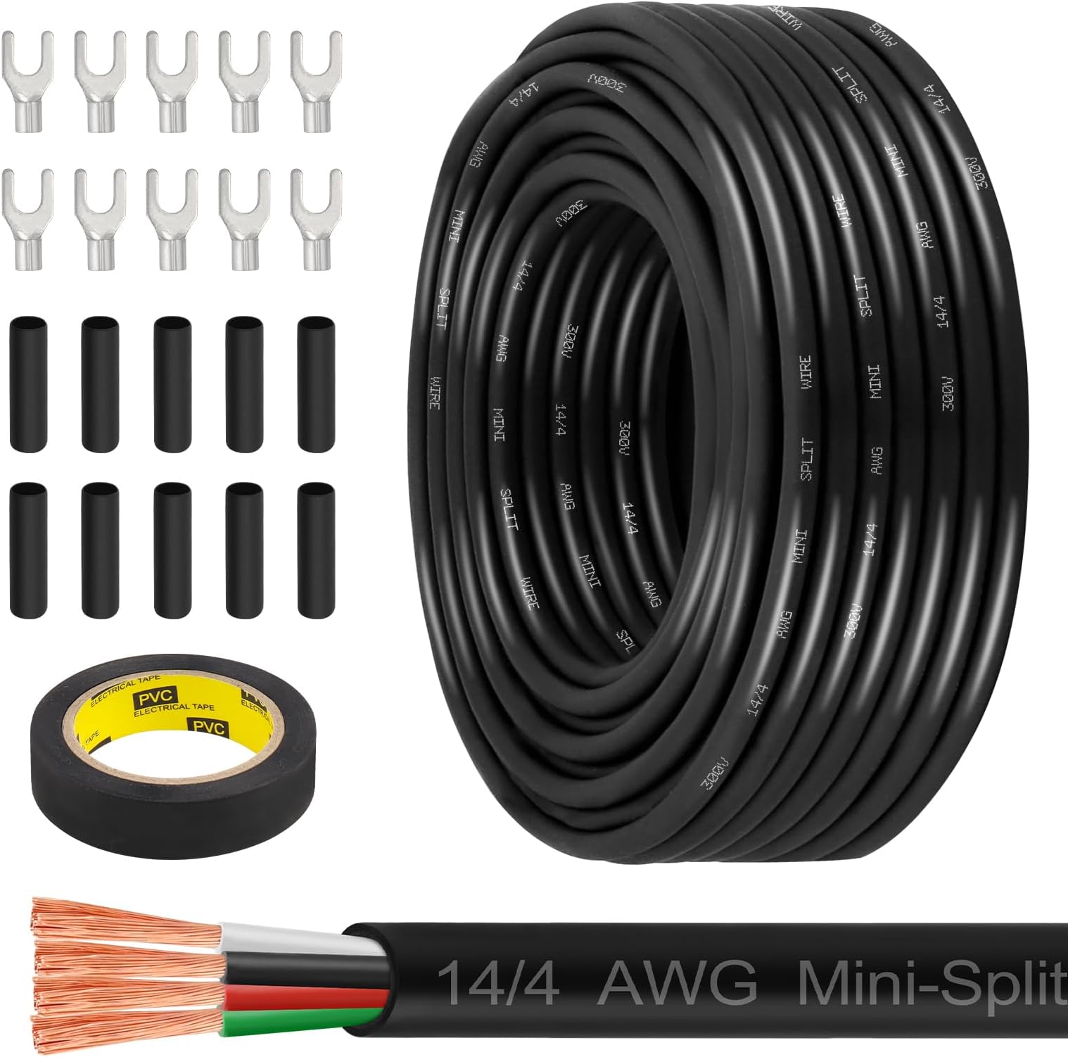 MOOKEERF 14/4 AWG Mini-Split Cable - 50FT 14 AWG 4 Conductor Control Cable 300V Stranded Oxygen-Free Pure Copper Wire for Mini Split Air Conditioner,Heat Pump,HVAC Systems and Speaker Systems