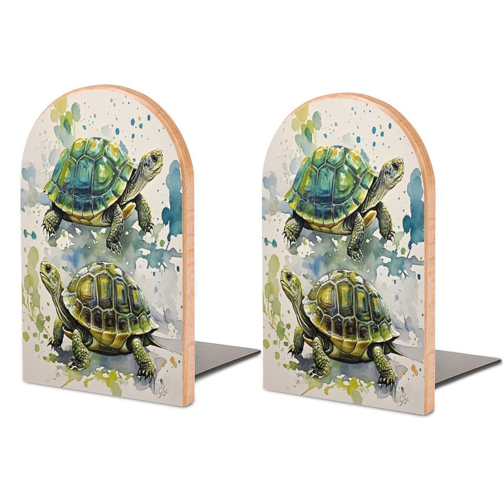Two Turtles Watercolor Splash Bookend for Shelves Wooden Book End Sturdy Book Holders Stoppers with Metal Base for Bookshelves Slick Decorative Bookends Stands
