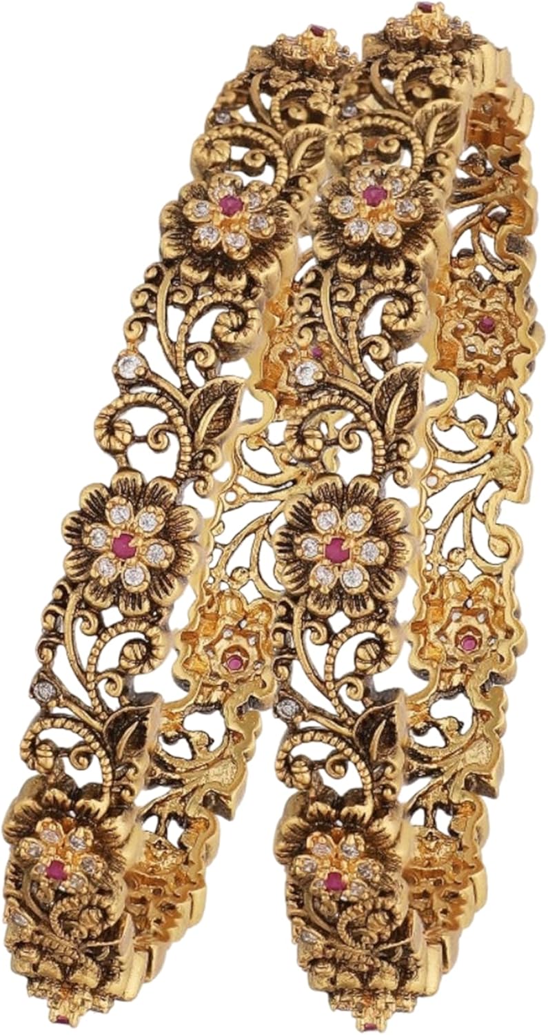 TARINIKA Gold Plated Kangna Antique Bangles(2.6 inches) - Indian Bangles for Women Perfect for Ethnic Occasions Traditional Indian Jewelry CZ Stones 1 Year Warranty* (White Red)