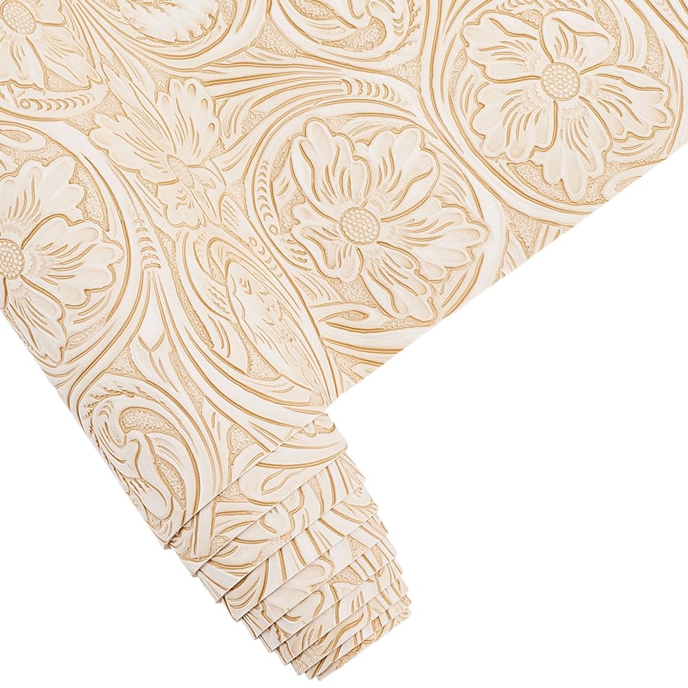 CALFOVERA 137 x 30cm Floral Textured PU Leather Sheet Vintage Leather Flower Embossed Rolls Retro Synthetic Sewing Upholstery Fabric for Earrings Handbags DIY Crafts Handmade Making(White)