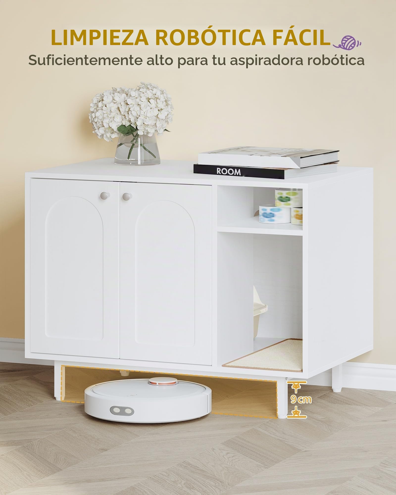 Hzuaneri Armario para Gatos, Mueble Arenero Gatos, Caja de Arena, Mueble Arenero, Casa para Gato con Puerta y Divisor Separado, 50 x 80 x 61 cm, Piernas Altas, Blanco CB01513W
