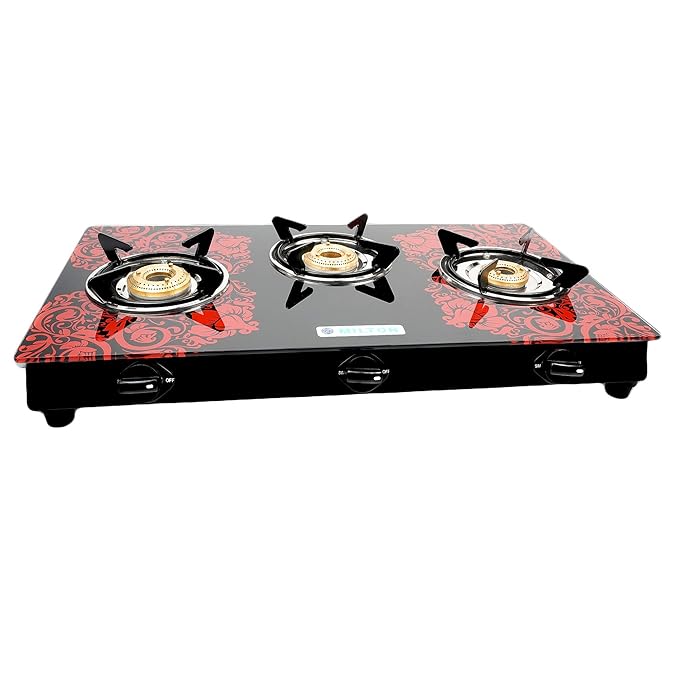 MILTON Premium Red Manual Ignition Glass Top Gas Stove,1-Year Manufacturer's Warranty (ISI Certified) (3 Burner)