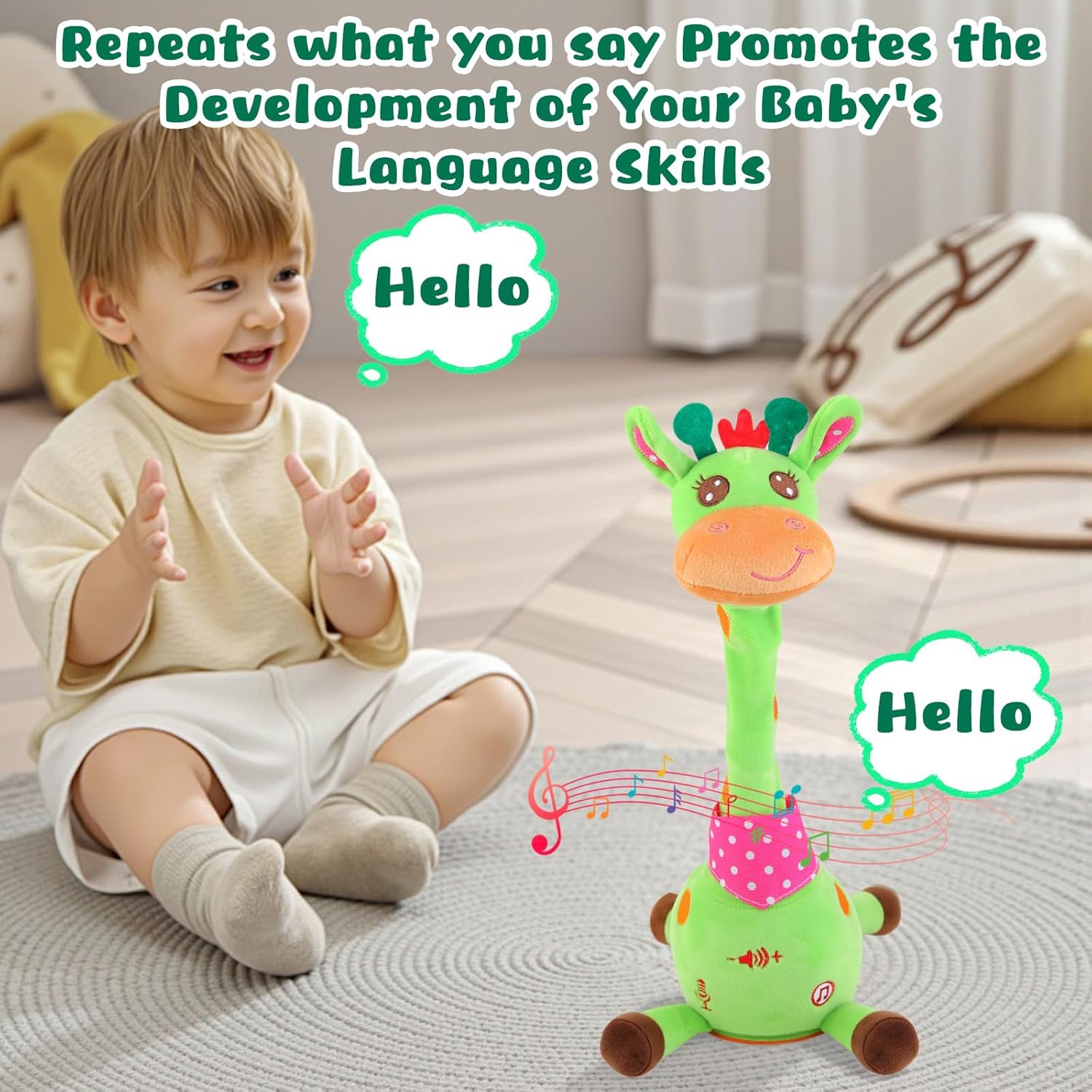MIAODAM Dancing Giraffe Interactive Toy, Singing 10 Children's Song, Stuffed Baby Toy Repeats What You Say, Colorful Glowing Plush Toys for Toddler Easter Day Gifts for Kids (Green Giraffe)