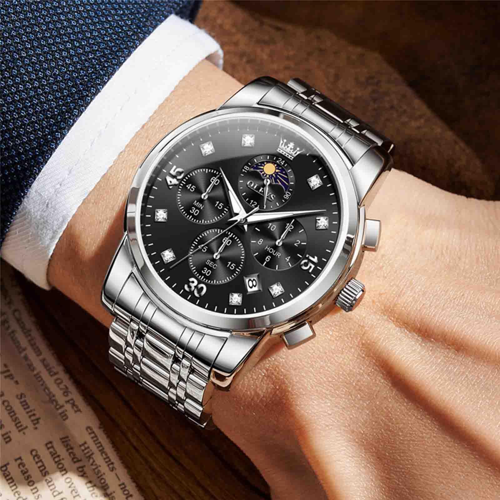 OLEVS Montre Multifonction pour Homme, Multi-Cadrans, étanche, chronographe Lumineux avec Date, Montre en Acier Inoxydable pour Homme, Montres de Luxe à Phase de Lune