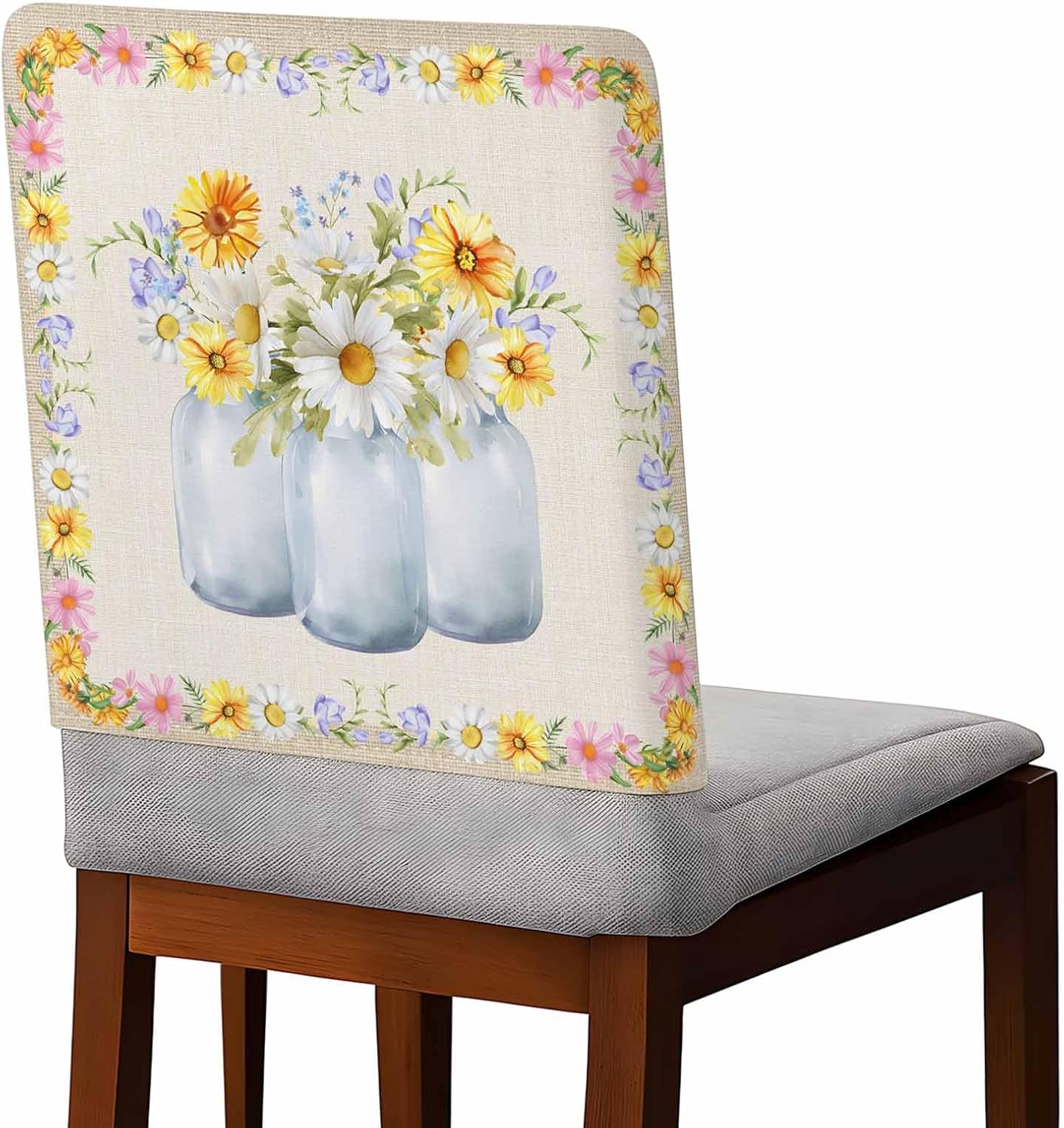 Dining Chair Back Covers, Daisy Flower Watercolor Colorful Floral Art Vintage Spring Summer Decor Chair Covers Chair Slipcovers Protective Covers for Holiday Party Festival Decoration, Set of 4