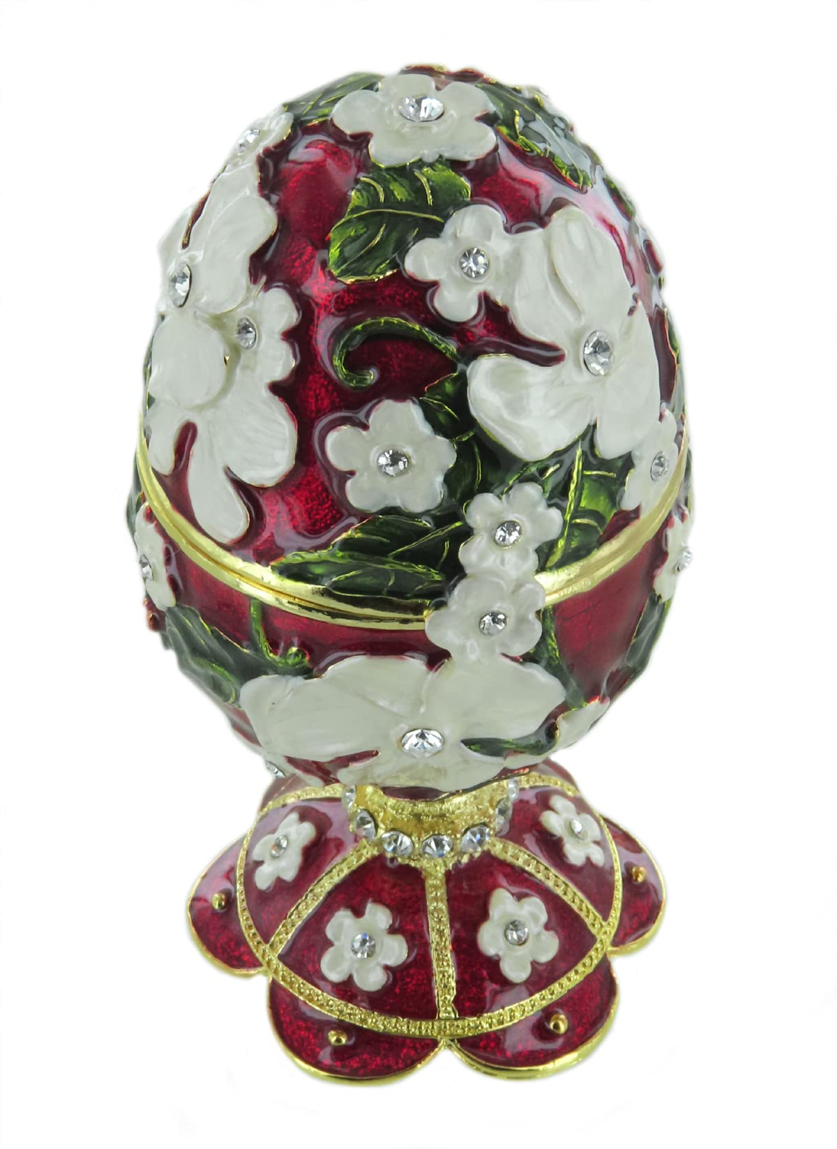 Muzyczne jajko na Wielkanoc / jajko z pozytywką w stylu Faberge z emaliowanego metalu ze strasem, złoceniami, małymi białymi kwiatami i dziełem muzycznym z 18 nutami - Wiosna (Antonio Vivaldi)