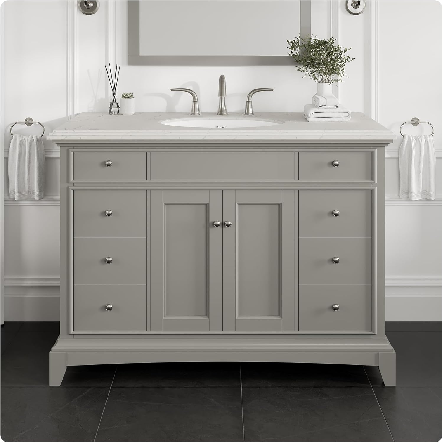 Eviva Elite Stamford 42 in. Gray Single Sink Bath Vanity with Carrara Quartz Top and Undermount Porcelain Sink