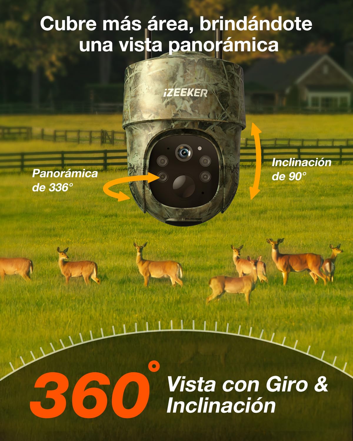 iZEEKER 4G LTE Cámara de Caza Solar, Cámara de Fototrampeo 2K PTZ con Tarjeta SD & SIM Vista Completa de 360° Transmisión en Vivo IR Sin Brillo Visión Nocturna Detección de Movimiento IP65 Impermeable
