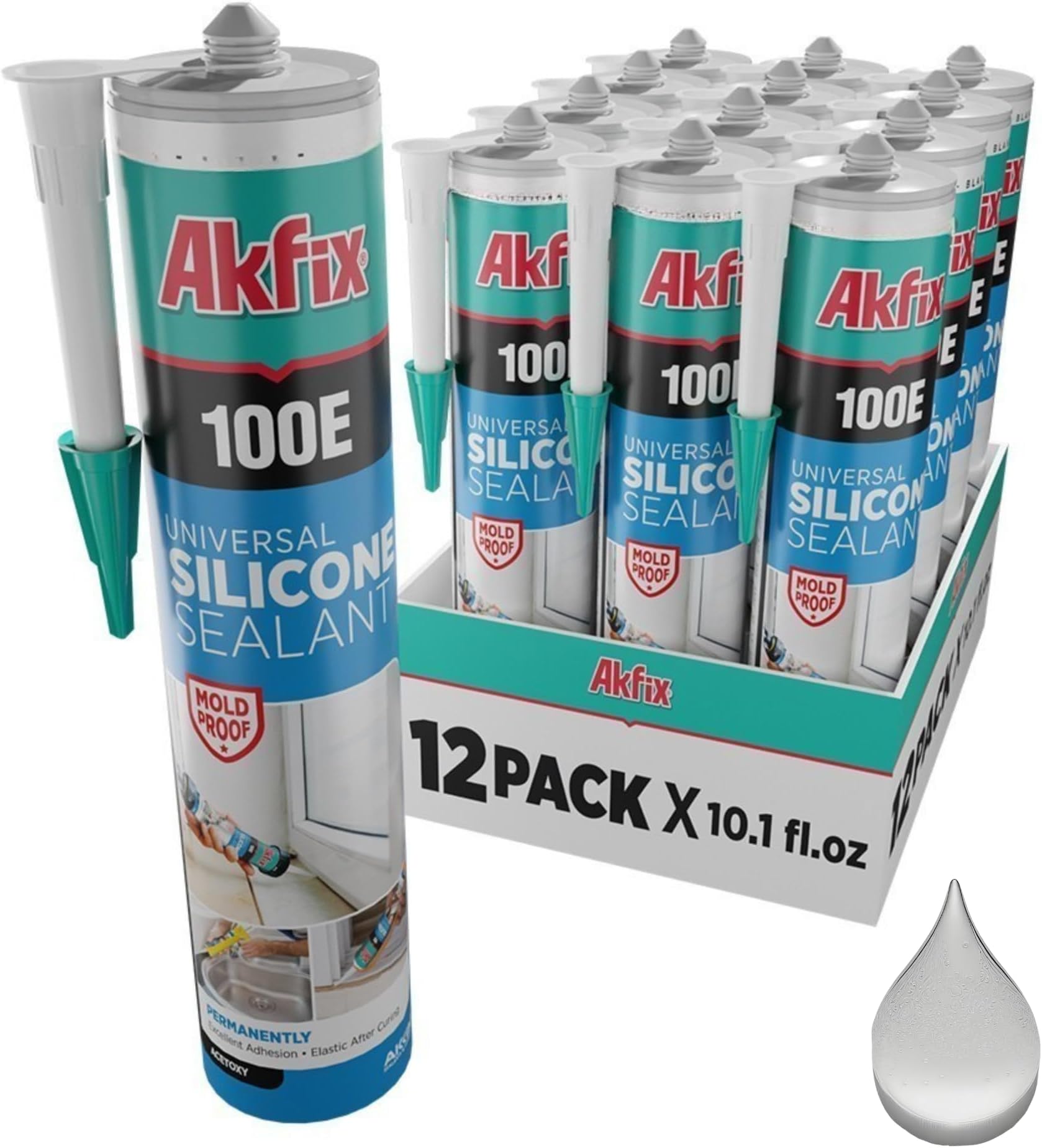 - 100E RTV Translucent Silicone Caulk (12x10.1 fl.oz.)- 100% Waterproof Silicone Sealant for Kitchen and Bathroom, Shower, Bathtub, Toilet, Sink, Window & Door, No Discoloring |Translucent 12 Pack