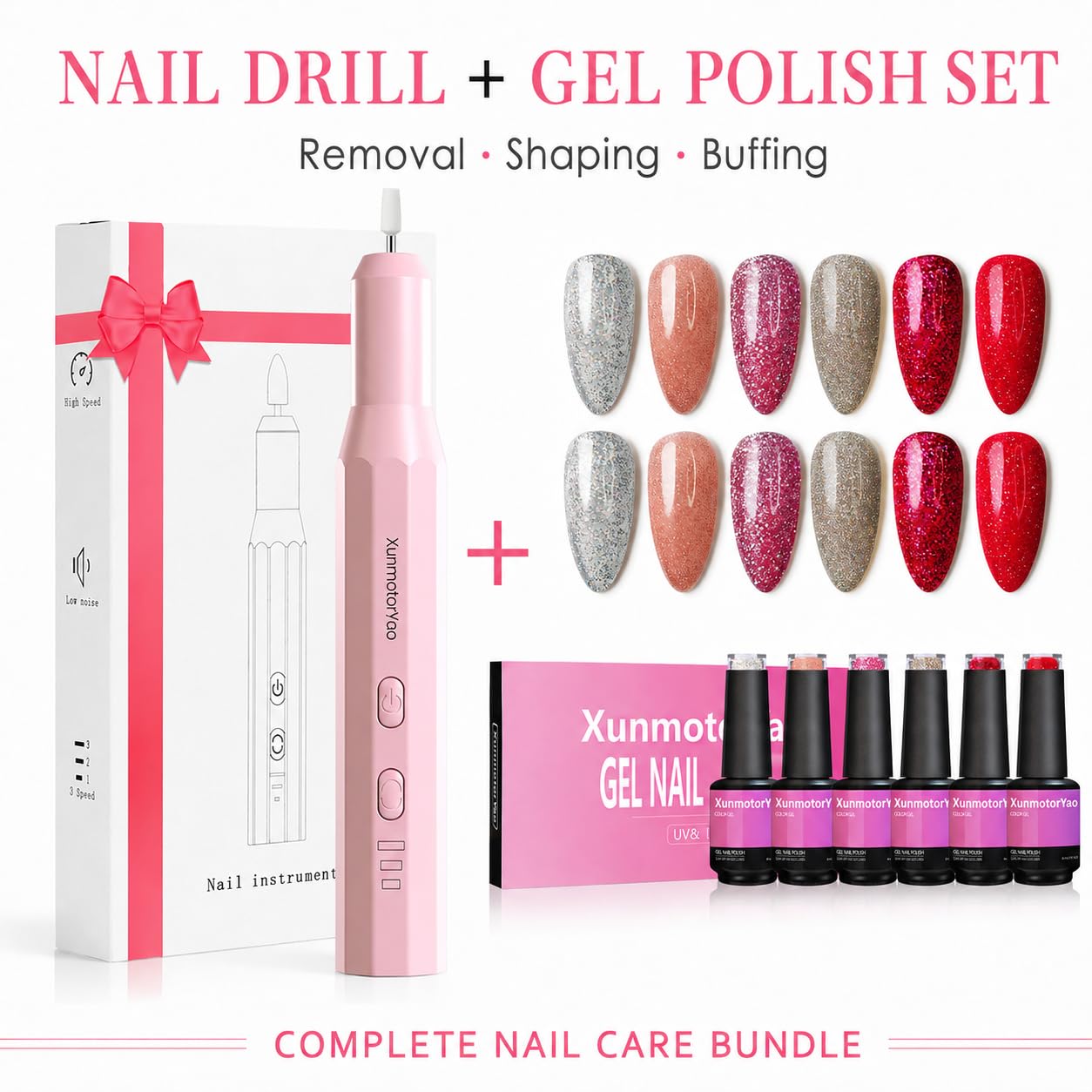 Cordless Nail Drill Kit,Electric Nail File for Acrylic Gel Nails 3 Speeds Adjustable Rechargeable Electric Nail Tools Manicure and Pedicure Kit for Home&Salon(Pink)