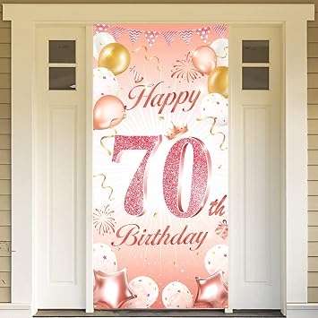 DPKOW Rose Gold 70th Birthday Decoration for Woman, Rose Gold Happy 70th Birthday Door Banner Backdrop Decoration Supplies, for Wall Garden Table, 72.8 x 35.4 inch