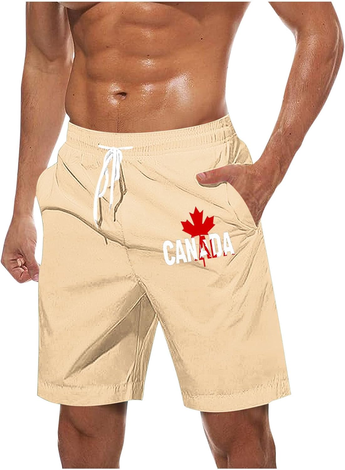 Casual Shorts for Mens Summer Loose Fit Canada Maple Leaf Print Sport Short Elastic Waist Drawstring Beach Shorts
