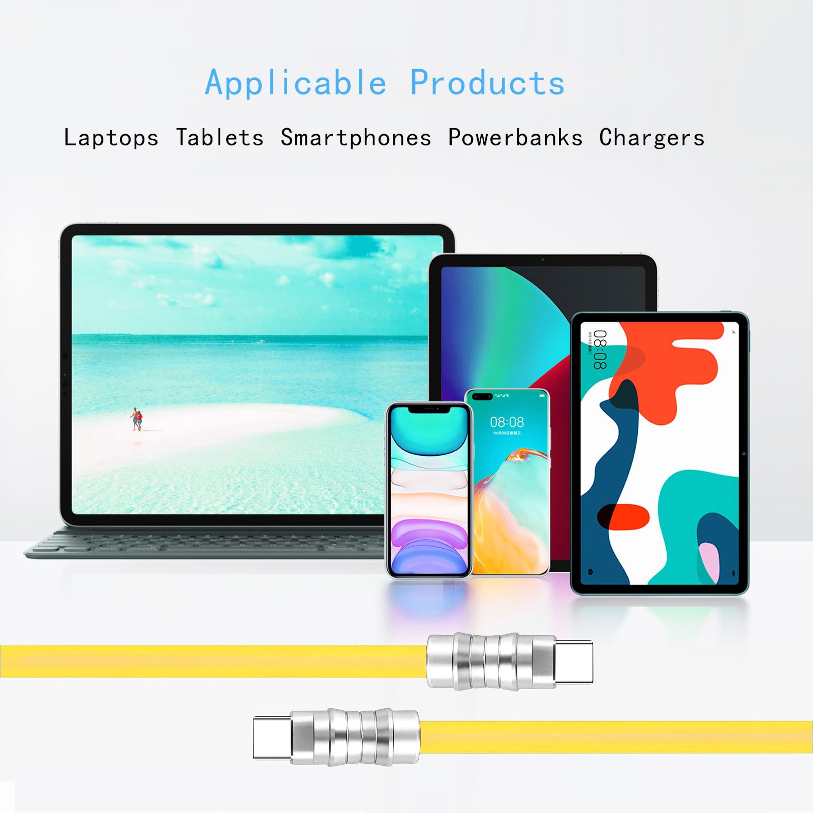 USB C auf USB C Silikonkabel, 2 Stück, 1,8 m, ultraflexibel und weich, USB Typ C 100 W, Schnellladekabel, Geek Industrial PD Datenübertragungskabel für Handys, Tablets, Laptops (gelb)