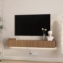 Floating TV Stand Wall Mounted with Led Lights, Modern Floating Entertainment Center, 65" Large Storage Media Console Wall Unit for Living Room Bedroom, Walnut