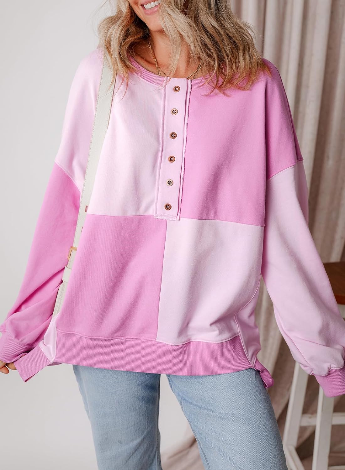 SHEWIN Womens Oversized Color Block Sweatshirts Casual Loose Button Henley Pullover Tops - Image 8