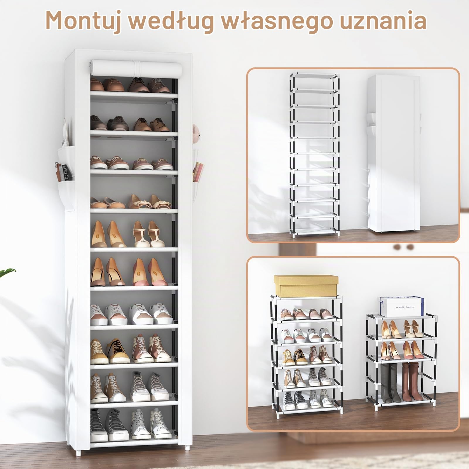 VTRIN Pionowy, wąski organizer na buty, wysoki stojak na buty, do szafy, wejścia, 10-poziomowa, z włókniną, mieści 20–22 pary, wolnostojąca szafka do przechowywania butów z pyłoszczelną osłoną, biały