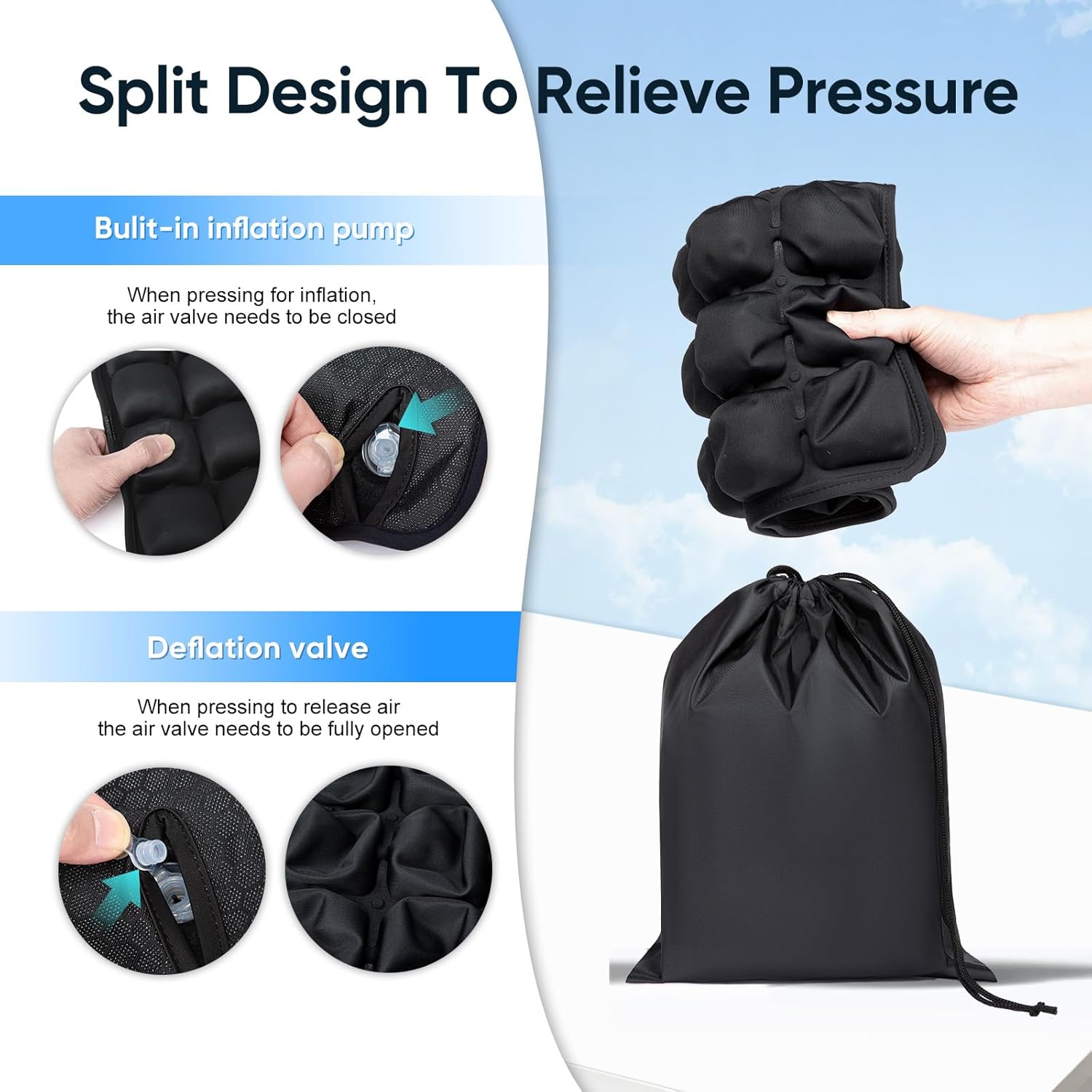 Travel mat - Inflatable Bubble Design, Used for car/Office/Airplane seat Cushion, Equipped with Storage Bags. Ergonomically Designed 3D Inflatable airbag, Including Neck Pillow kit (U-Shaped)