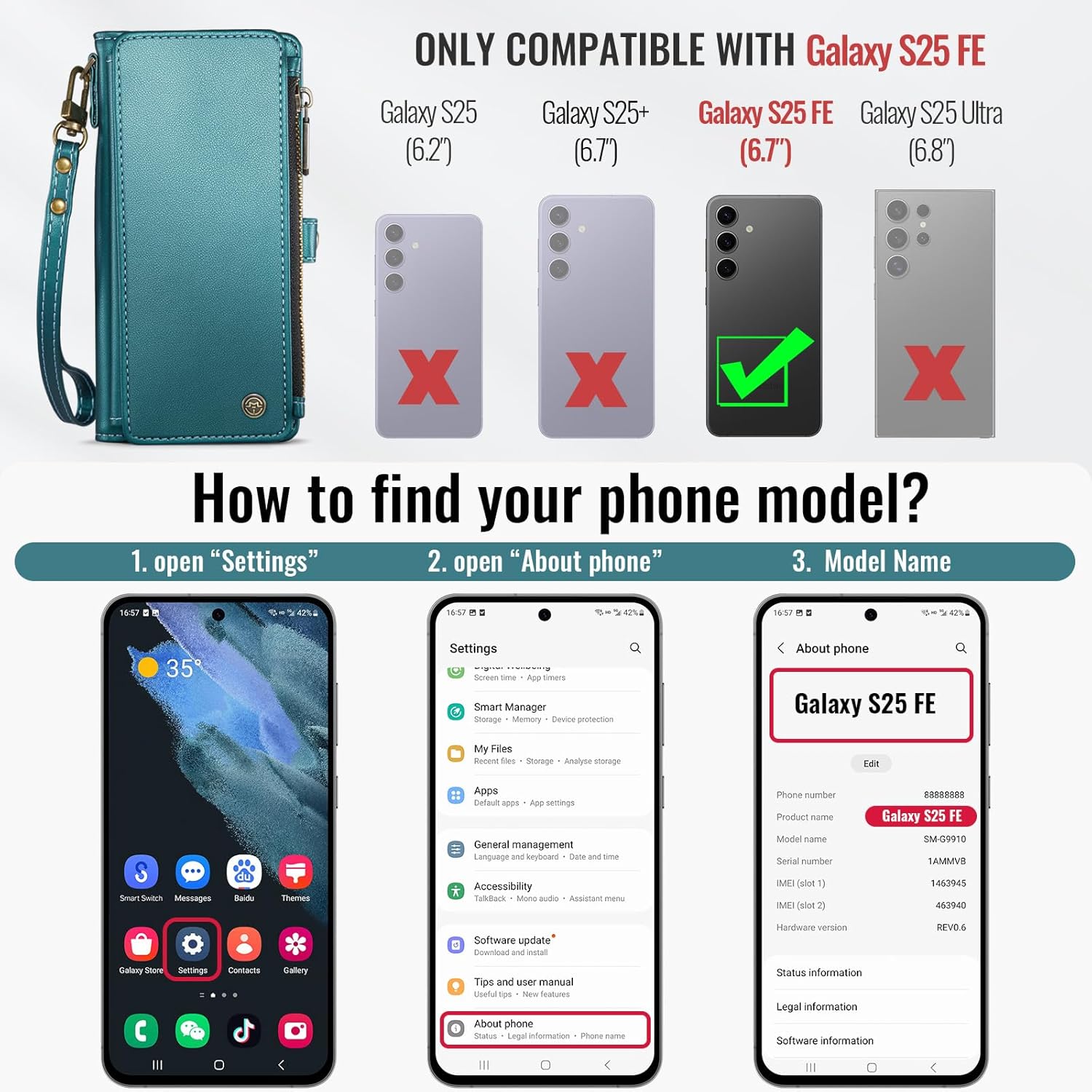 Defencase for Samsung Galaxy S25 FE Case Wallet with RFID Blocking Card Holder for Women and Men, PU Leather Magnetic Snap Flip Zipper Strap Wallet Phone Case for Galaxy S25 FE 5G 6.7", Blue Green