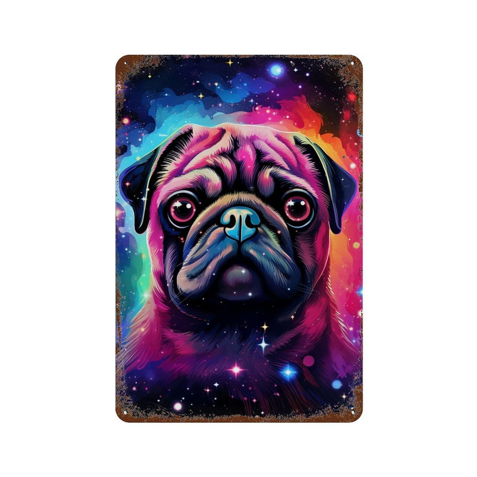 Garage Style Cosmic Pug Portrait Vintage Metal Tin Sign 11.8"x7.9", Classic Wall Plaque for Bar And Workshop